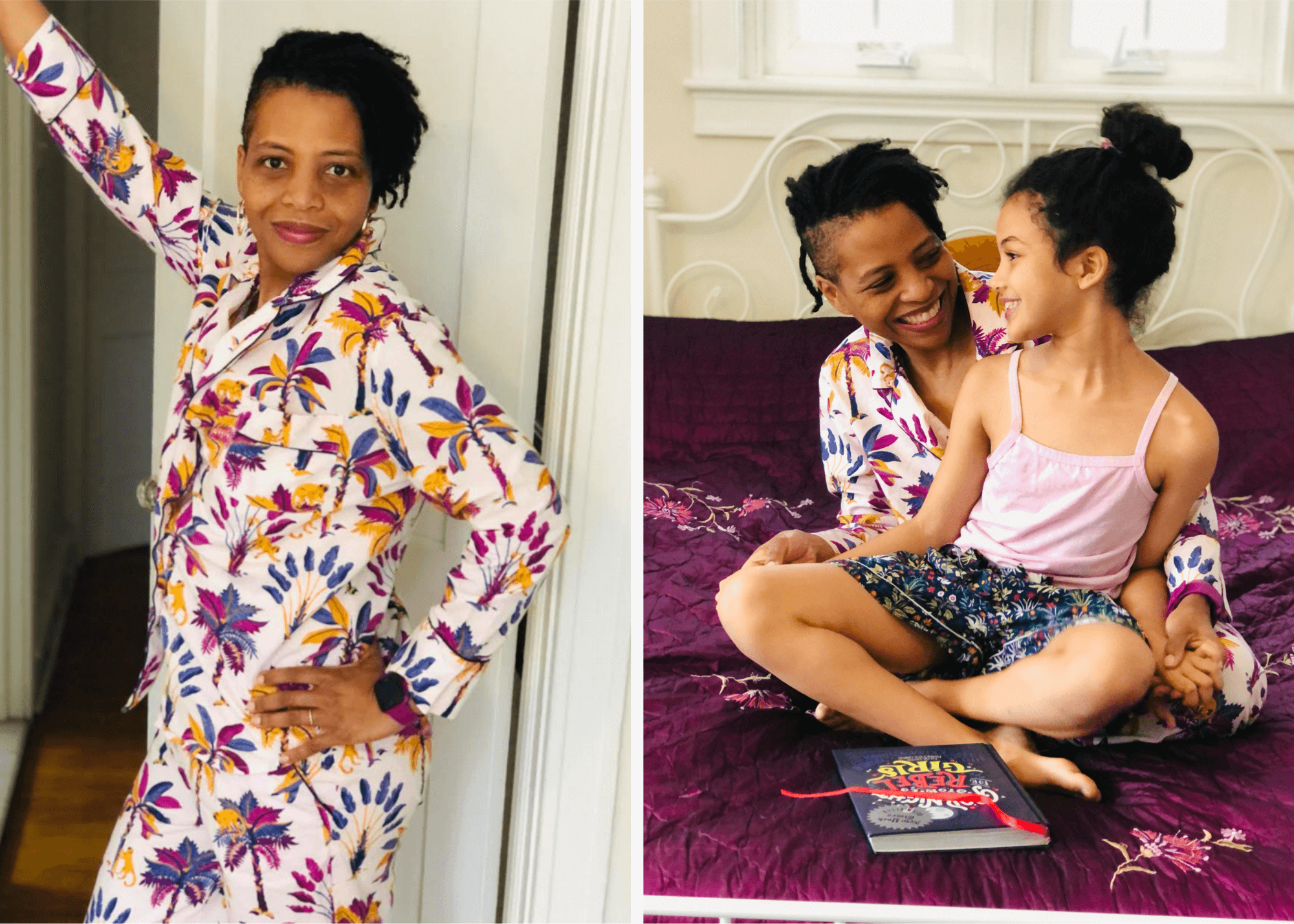 Lori wears <u><a href="https://printfresh.net/collections/royal-palms/products/royal-palms-long-sleep-set-amethyst" target="_blank">Royal Palms Long Set in Amethyst</a></u>