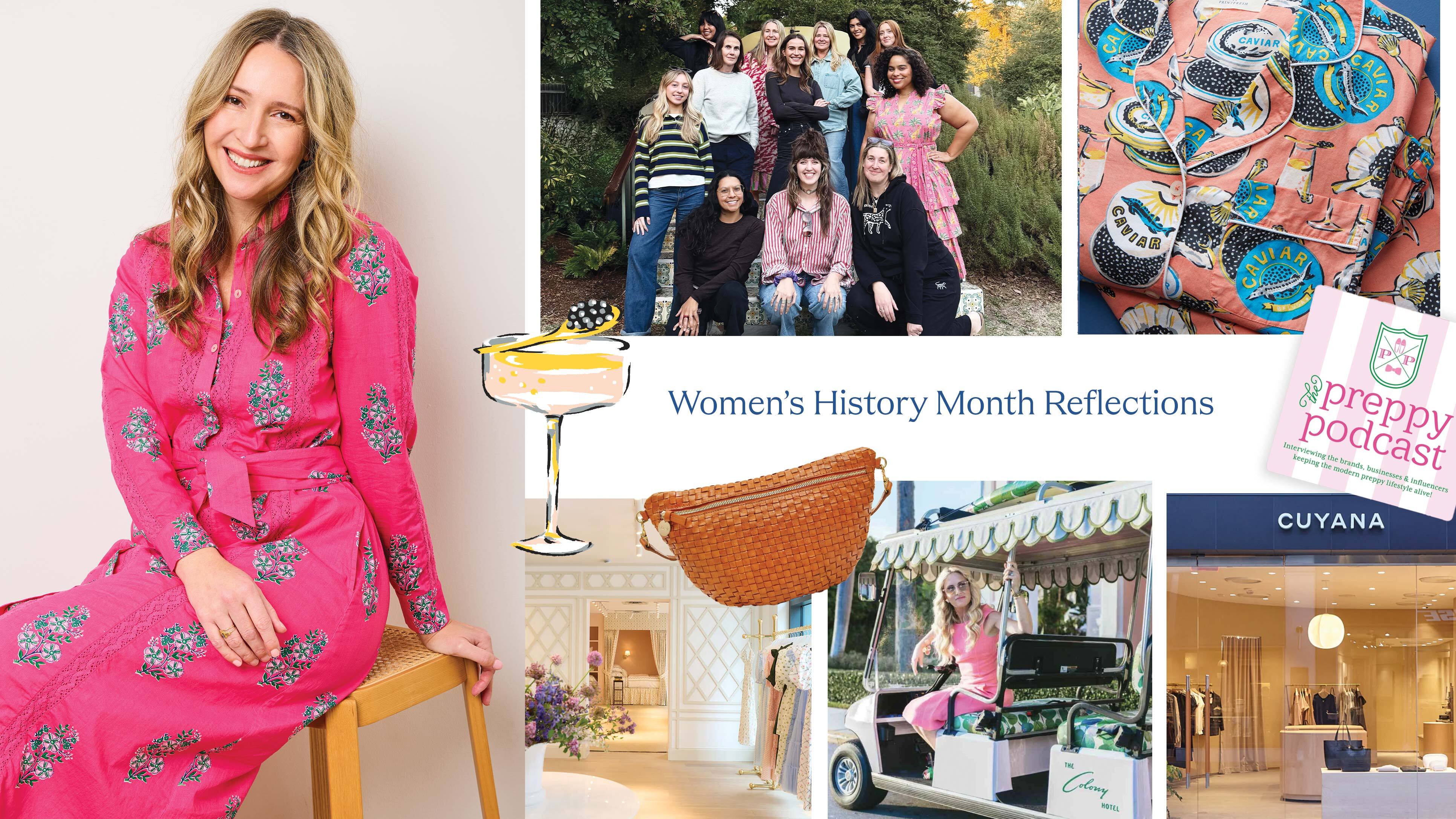 Clockwise from the top: On location with the Printfresh team, Champagne & Caviar PJs, the Preppy Podcast, Cuyana storefront, Colony Hotel CEO Sarah Wetenhall, the Grande Fanny from Clare V., and the Hill House store in Charleston