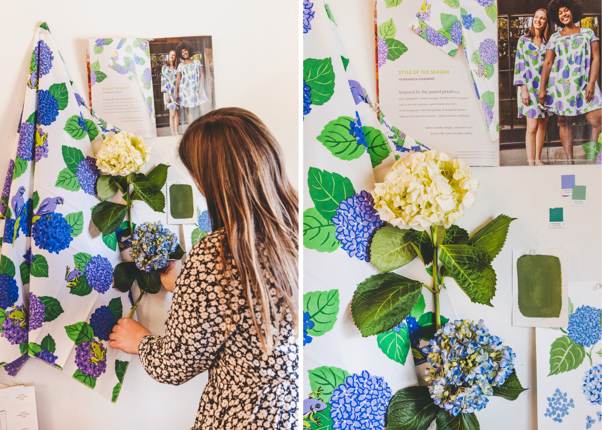 Collage showing floral fabric, hydrangea flowers, color swatches, and a person arranging a design display.