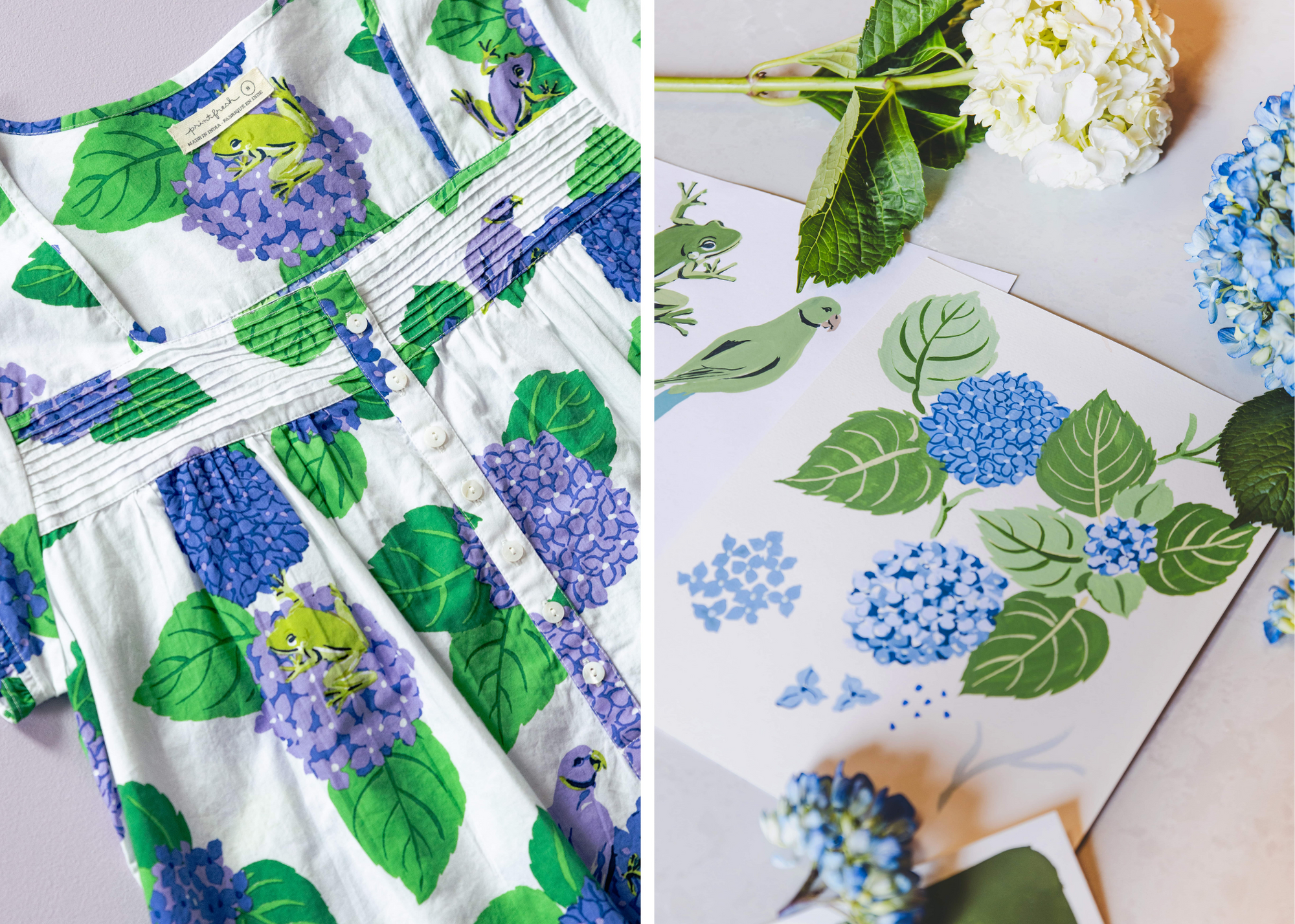 Split view of a hydrangea-patterned garment and design materials with flowers, leaves, and small bird illustrations.