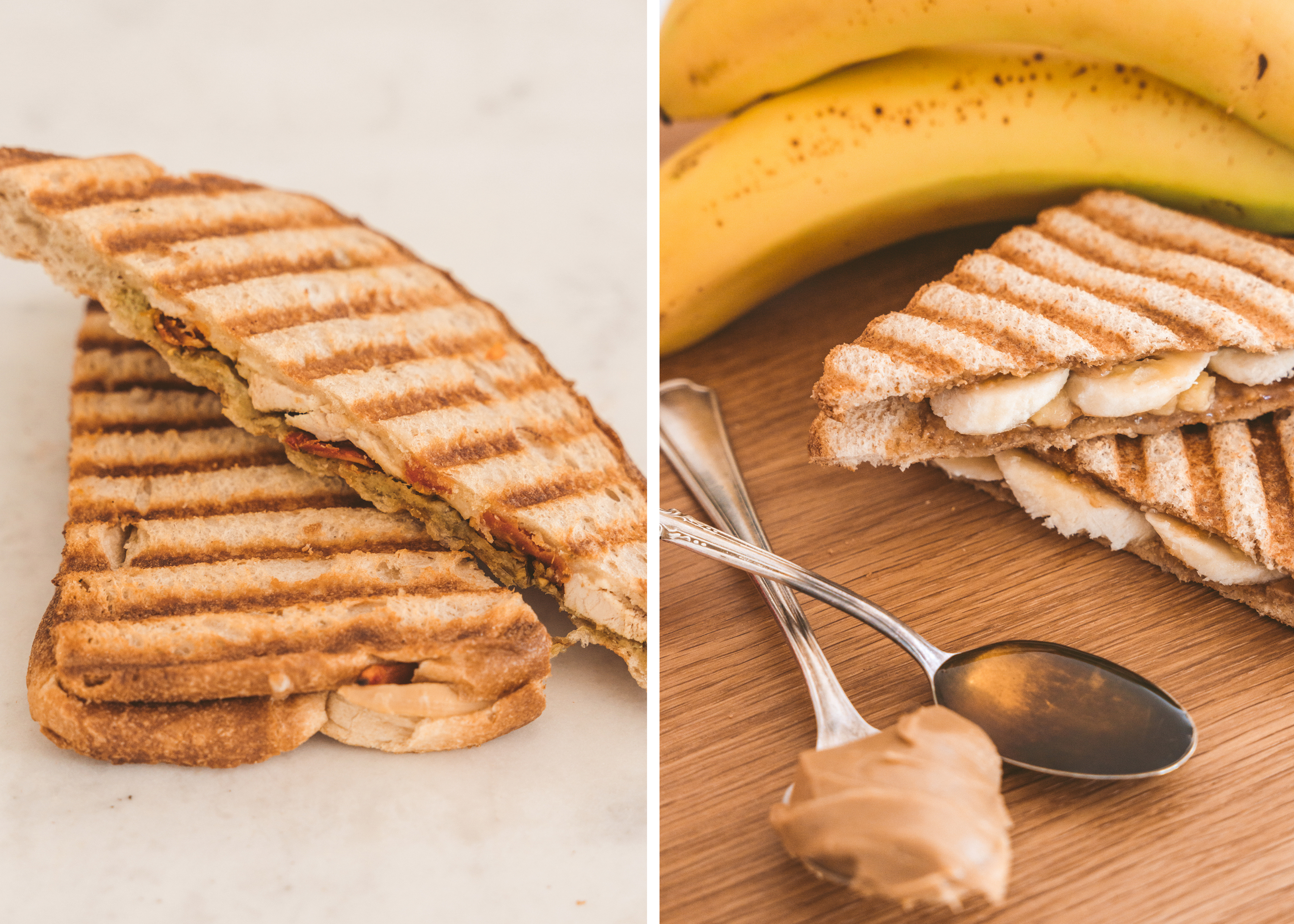 Two grilled sandwiches, including a banana sandwich served with a spoon and spread.
