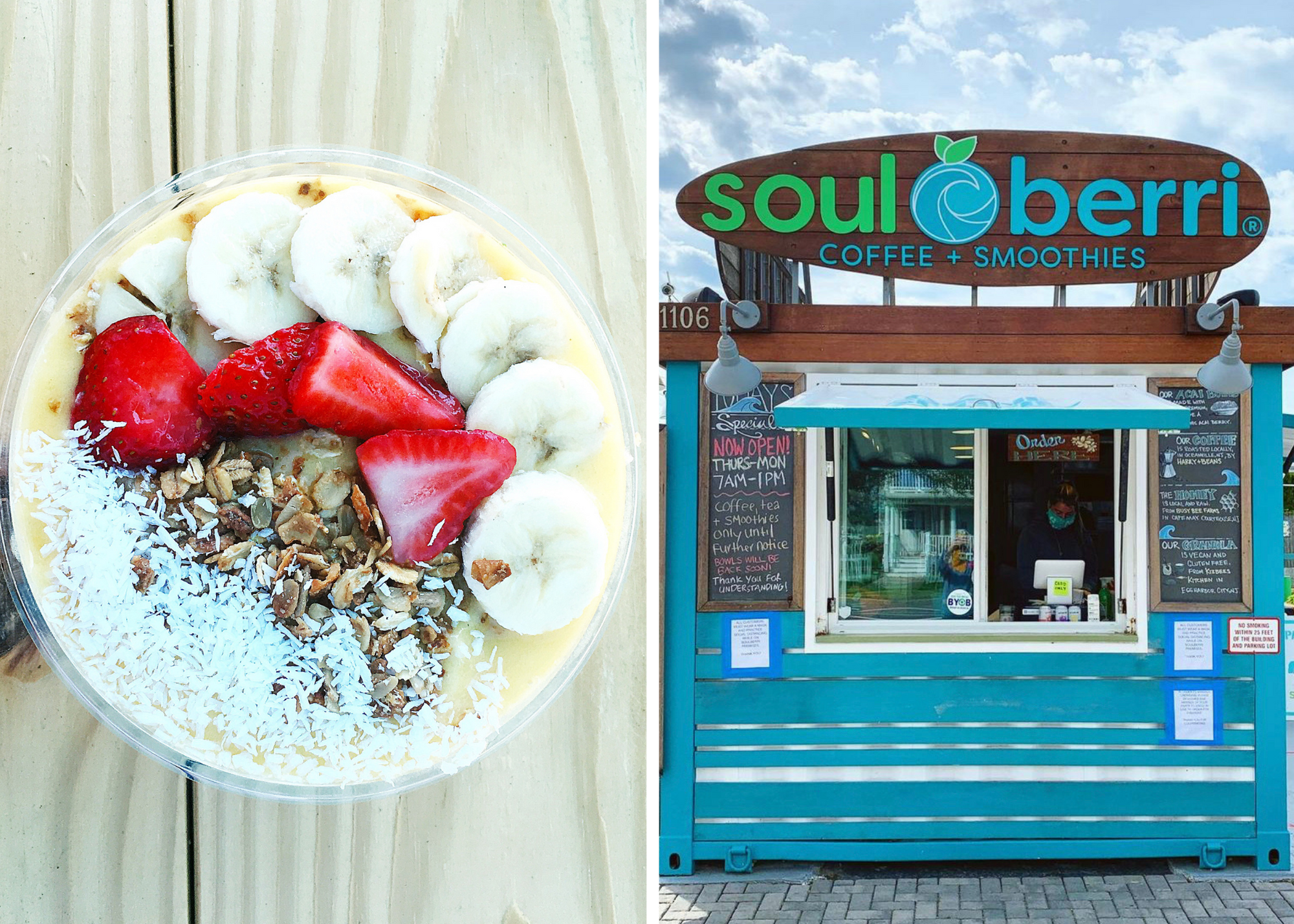 Split image showing a fruit-topped smoothie bowl and a turquoise coffee and smoothie kiosk.