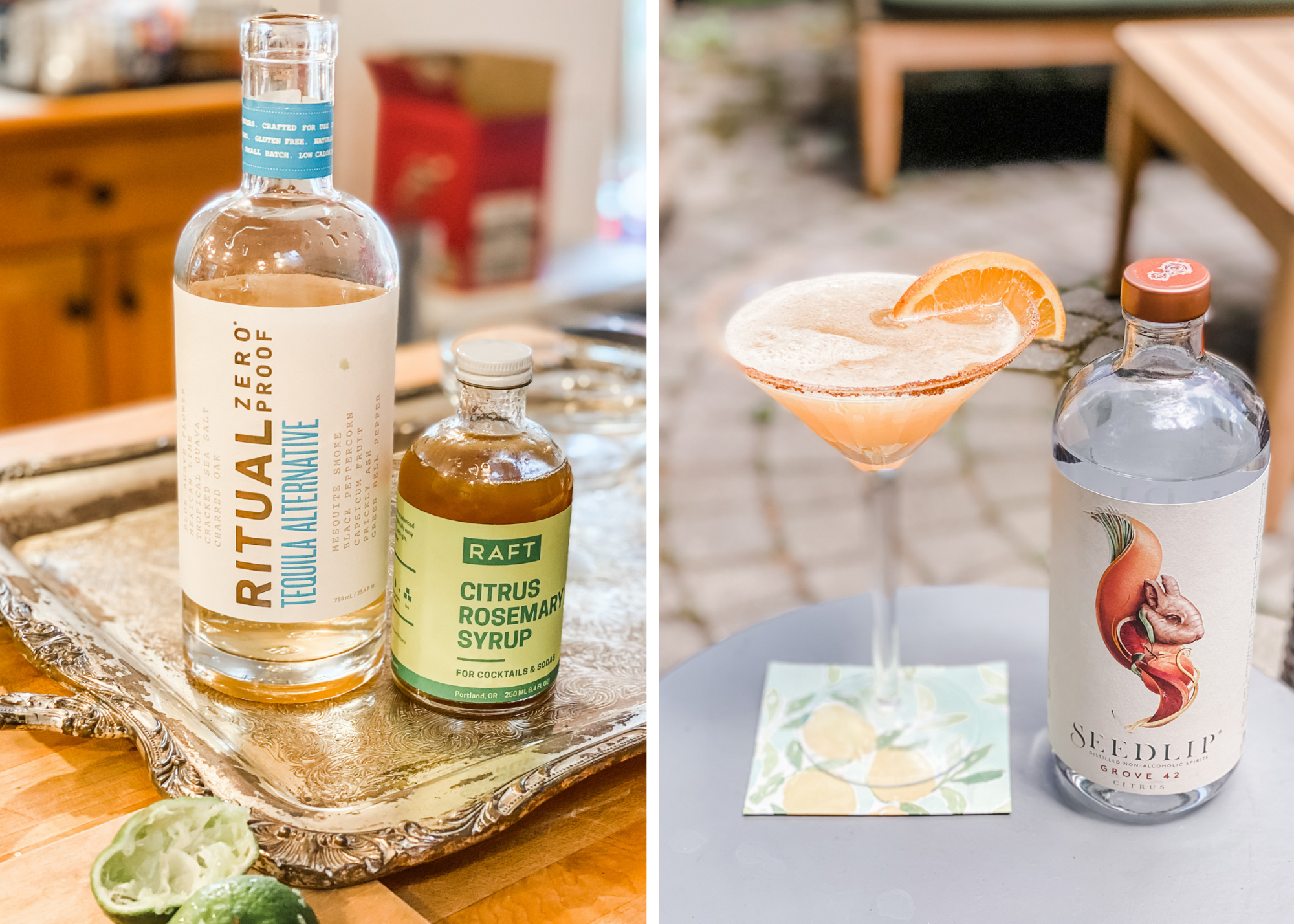 Collage featuring Ritual Tequila Alternative and Raft Citrus Rosemary Syrup bottles beside a citrus cocktail, with a Seedlip Grove 42 bottle.
