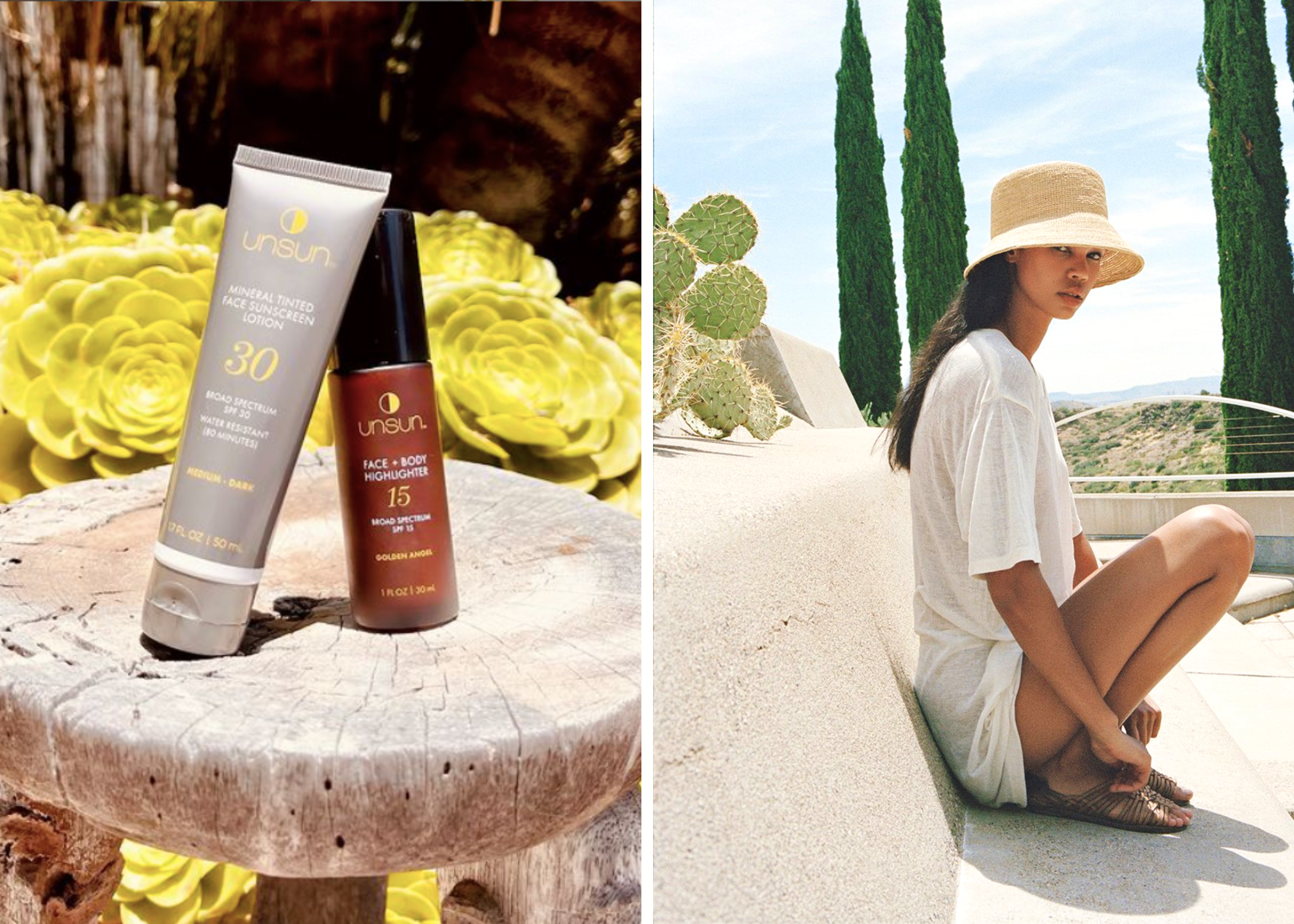 Two-panel collage showing Unsun cosmetic products on the left and a person wearing white clothing outdoors on the right.