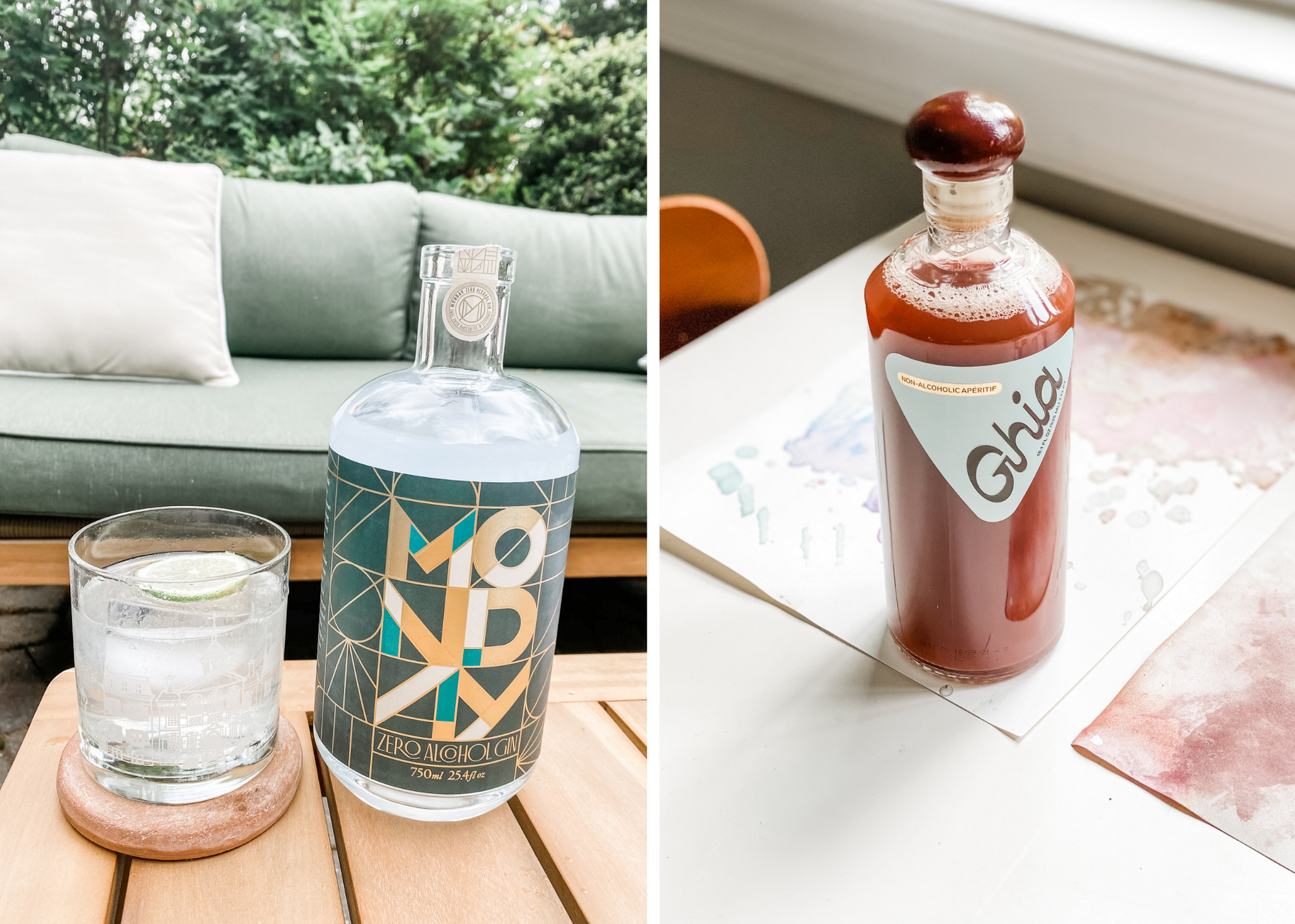 Collage showing a MØND zero-alcohol bottle beside a drink and a Ghia non-alcoholic aperitif bottle on a table.