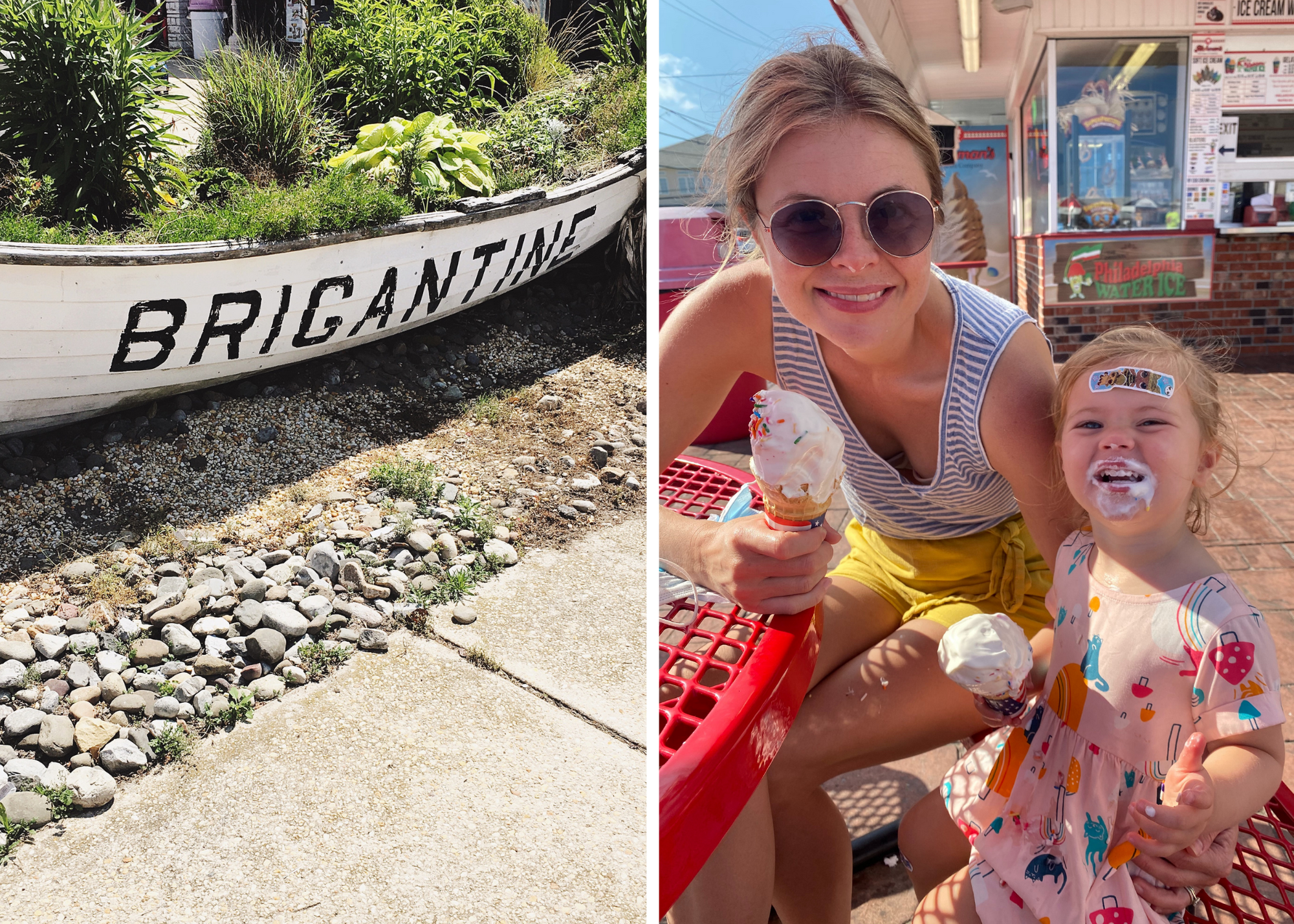 Split image showing a boat-shaped garden planter labeled BRIGANTINE and a woman and child eating ice cream outdoors.
