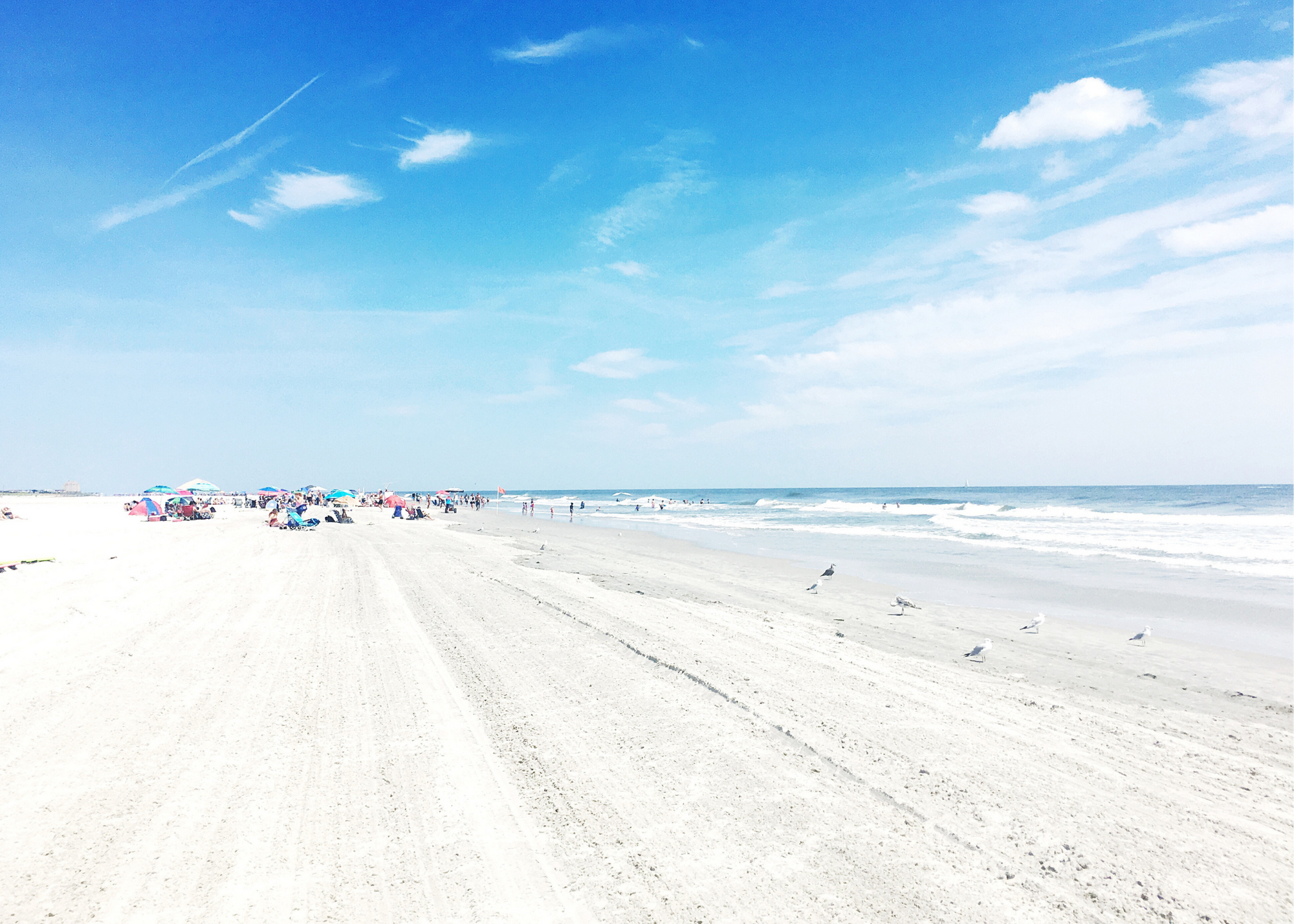 Wide sandy beach with people, umbrellas, shorebirds, and waves under a blue sky.