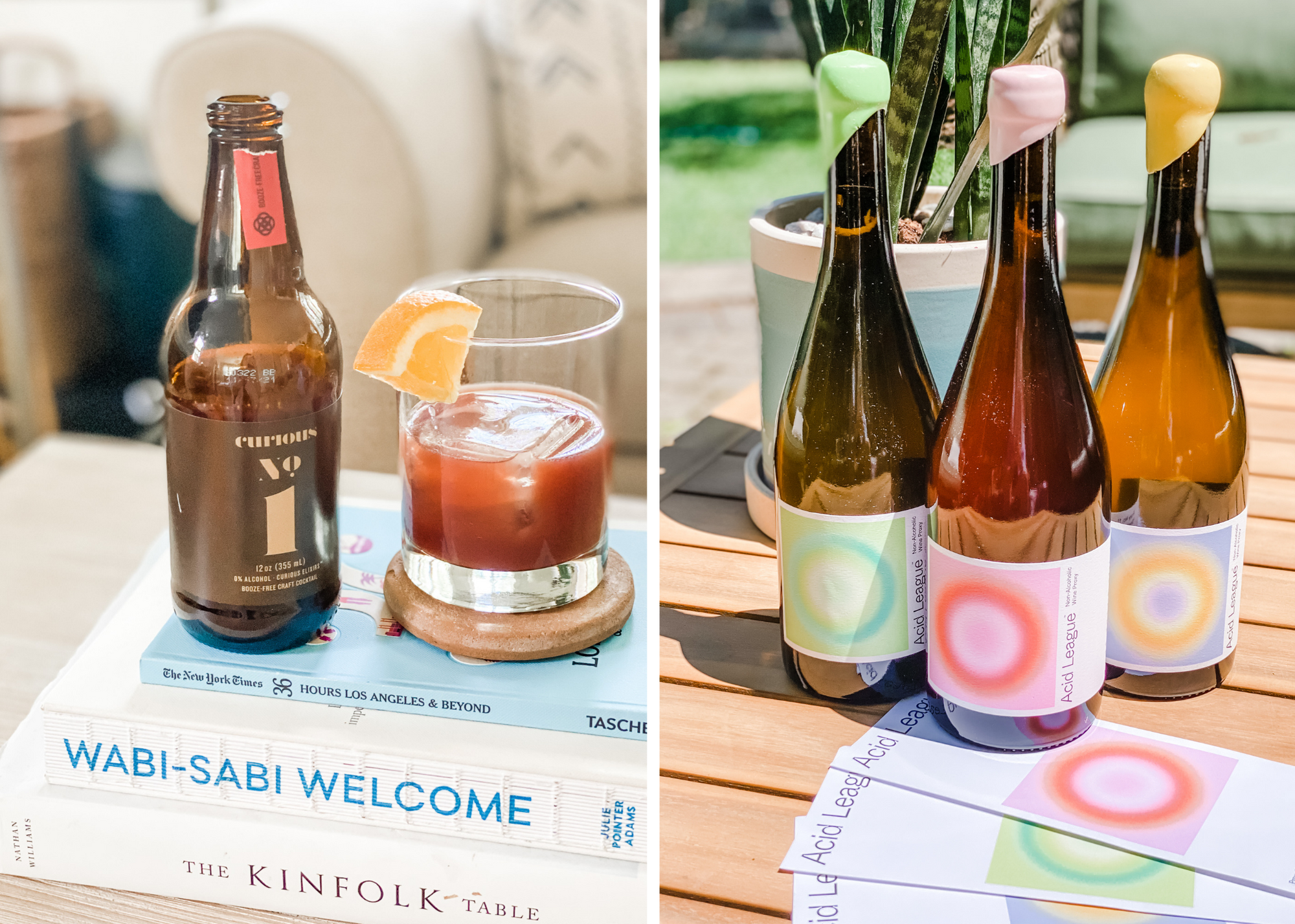 Collage showing a bottled drink and red cocktail on books, alongside three colorful Acid League bottles.