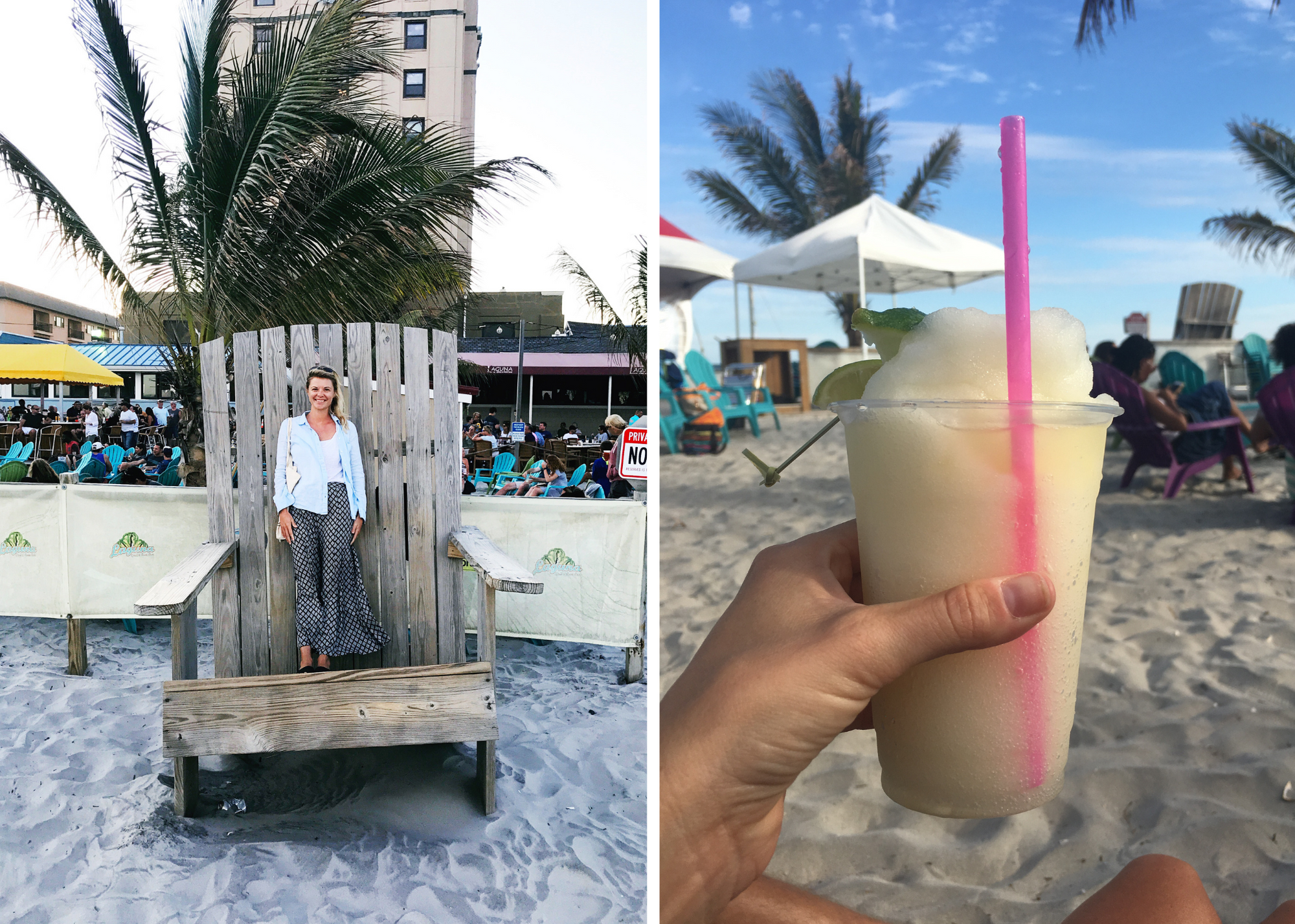 Collage showing a person standing behind a large wooden beach chair near a beachfront café and a hand holding a pale frozen drink on the beach.