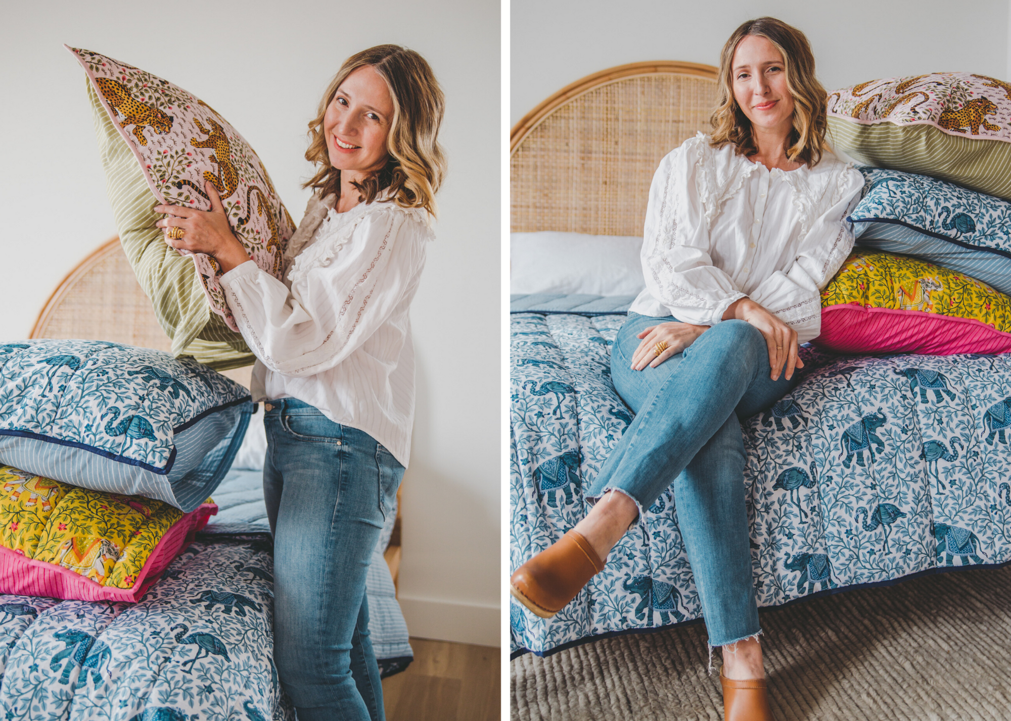 Person showcasing patterned pillows on a bed