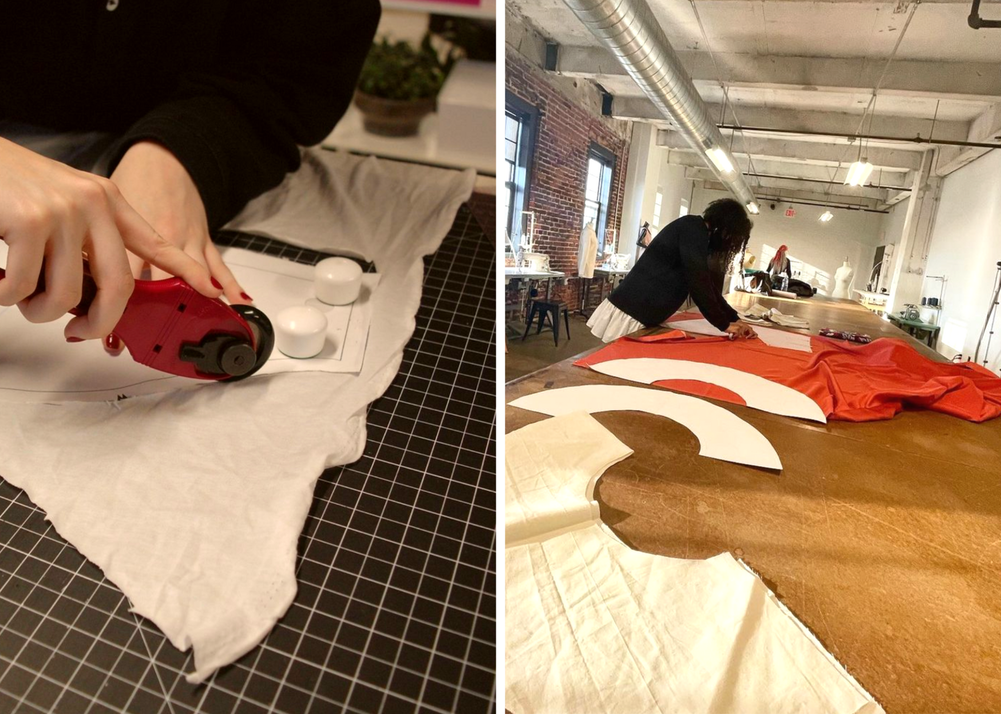 Split view of hands using a handheld tool on white fabric and a person cutting orange fabric at a worktable