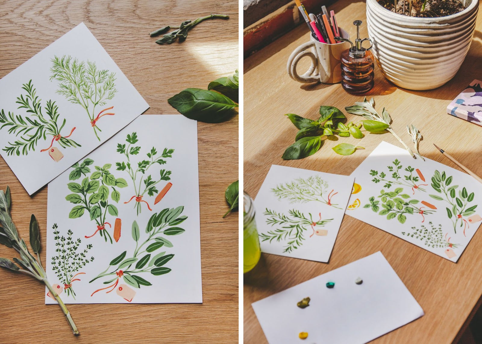 Two-panel image of illustrated botanical cards and drawing materials arranged on a wooden table.