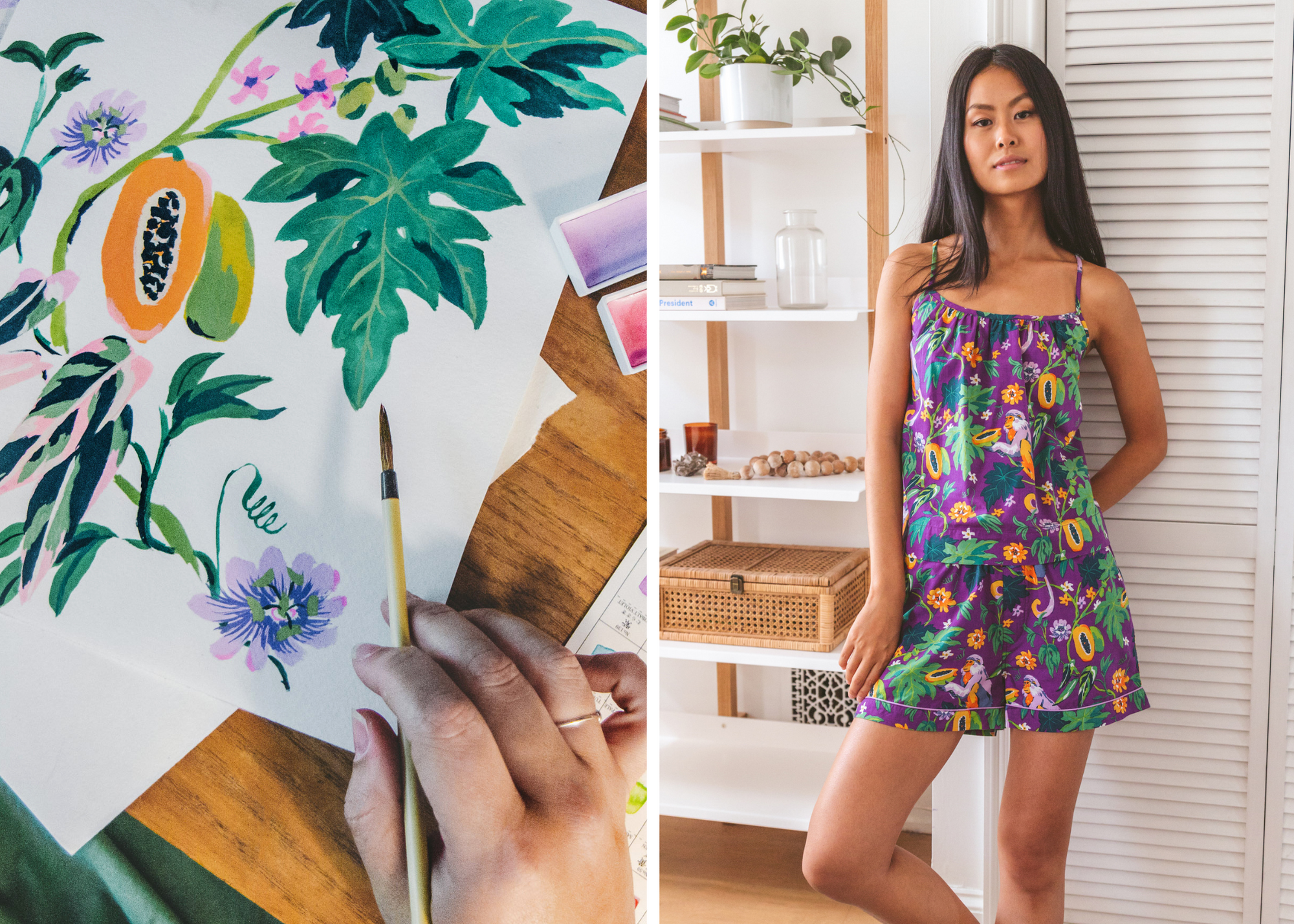 Hand painting a colorful botanical design beside a person wearing a matching purple patterned romper.