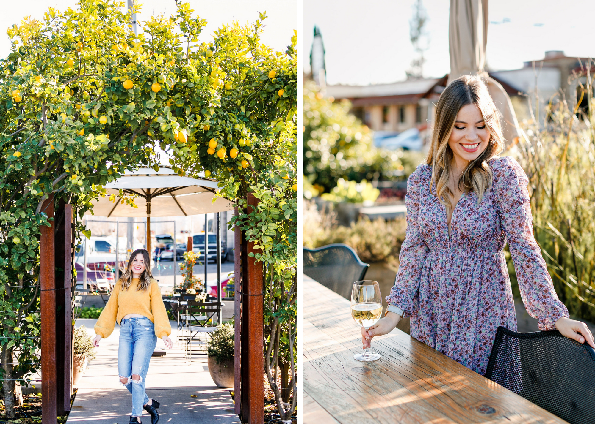 Split view of two outdoor scenes: a person beneath a lemon-covered arch and a person holding a wine glass at a table.