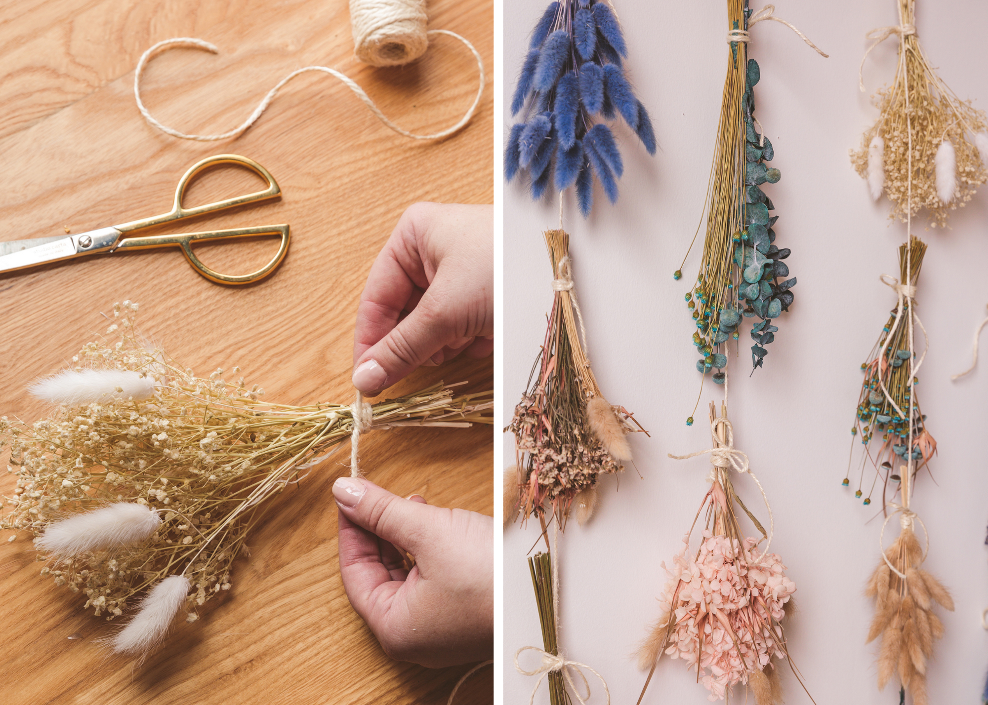 Hands tying dried flowers with twine beside several dried plant wall hangings.