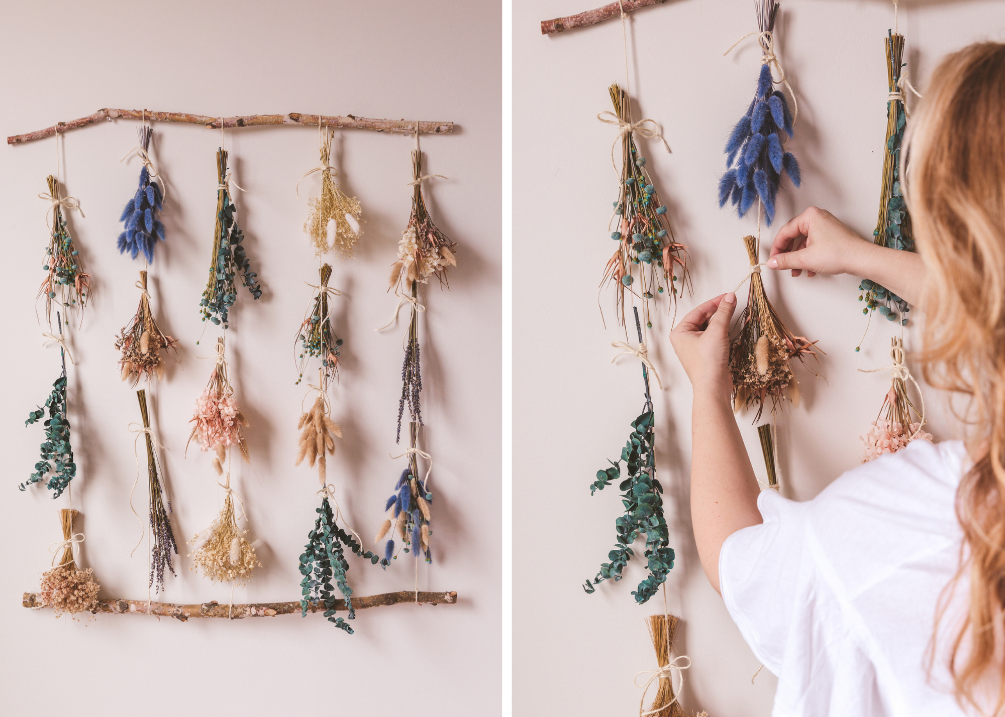 Completed dried plant wall hanging beside a person arranging another bundle.