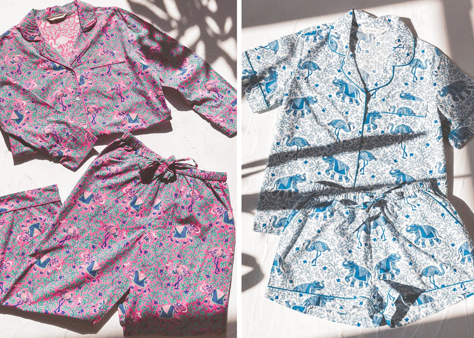 Pink and white patterned clothing sets displayed side by side, featuring blue animal and botanical designs.