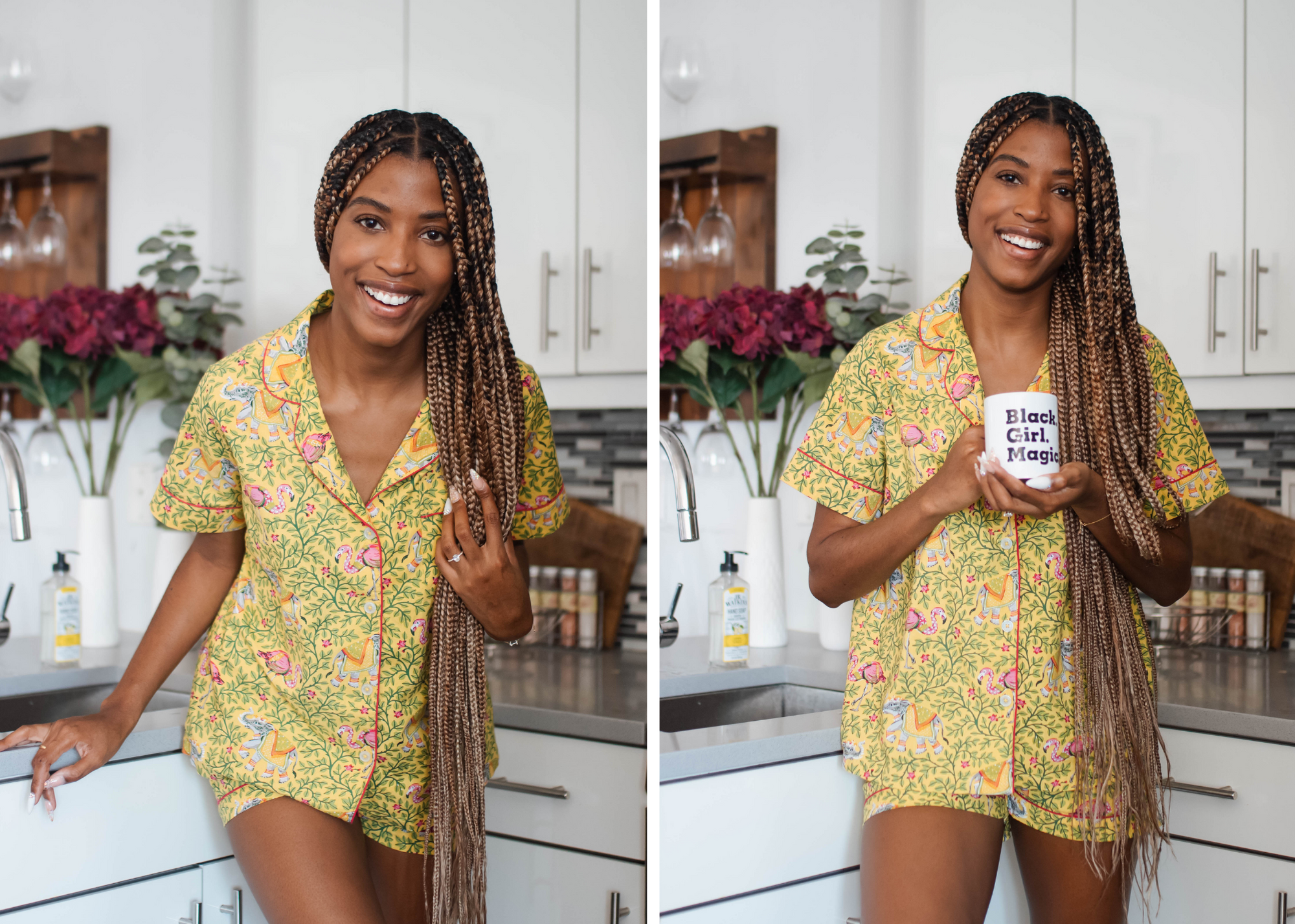Aisha wears the <u><a href="https://printfresh.net/collections/flamenco/products/flamenco-short-sleep-set-dandelion" target="_blank">Flamenco Short Sleep Set in Dandelion</a></u> 