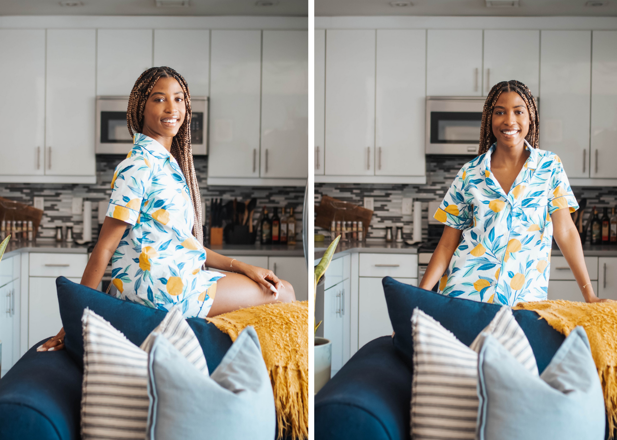 Aisha wears the <u><a href="https://printfresh.net/collections/lemon-collection/products/lemon-zest-short-sleep-set-cloud" target="_blank">Lemon Zest Short Sleep Set in Cloud</a></u>