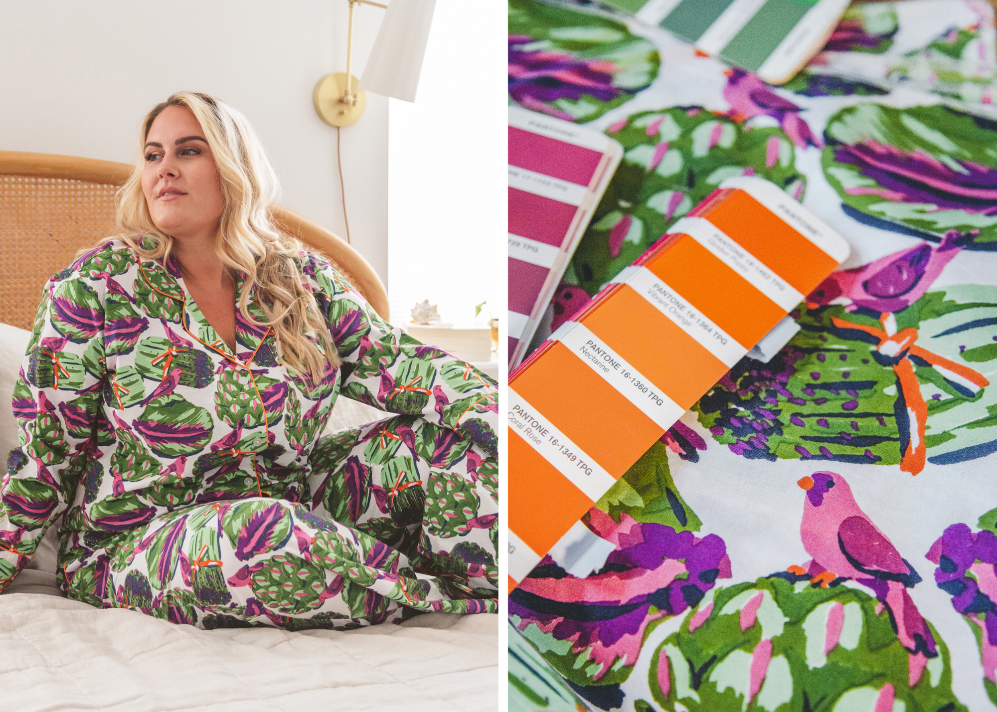 Colorful Eat Your Asparagus pajama print shown on a model beside color swatches