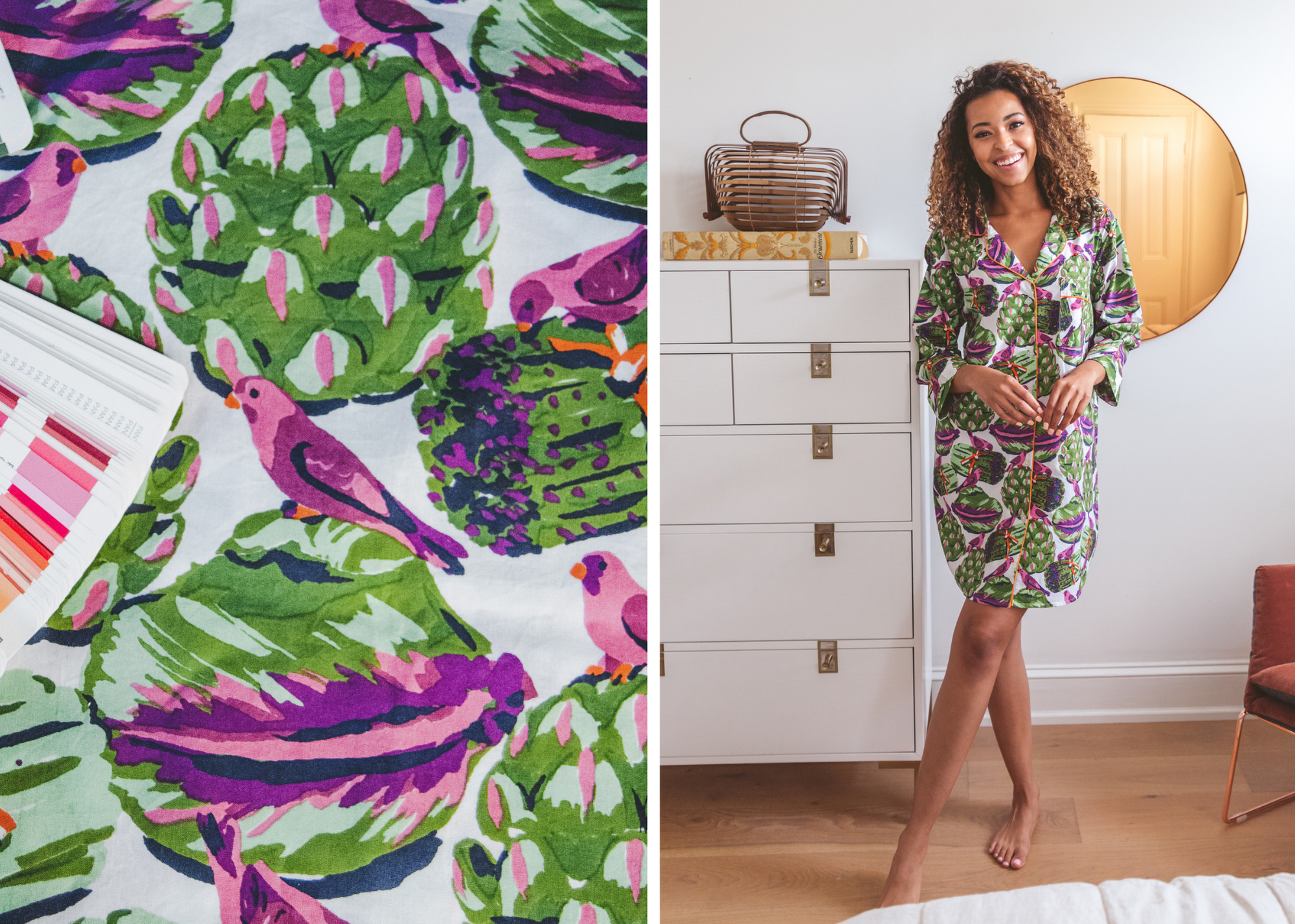 Eat Your Asparagus print shown in close-up beside matching pajamas