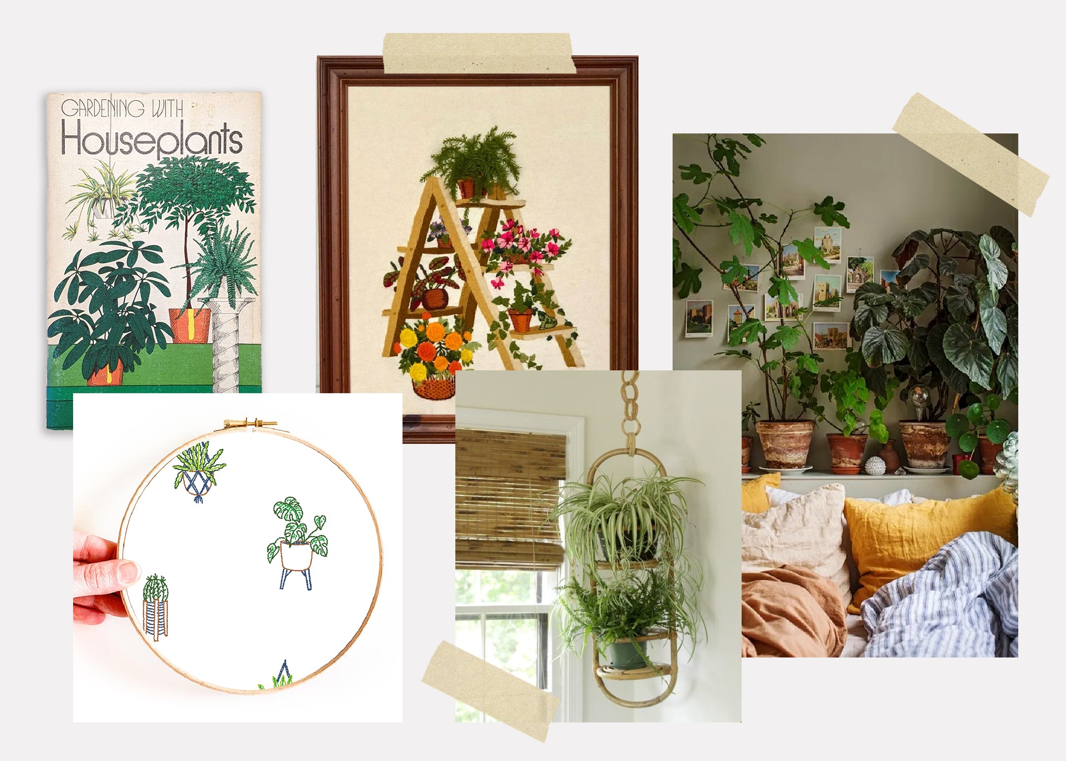 Collage of houseplant illustrations, indoor plants, a plant-themed embroidery hoop, and hanging plants.