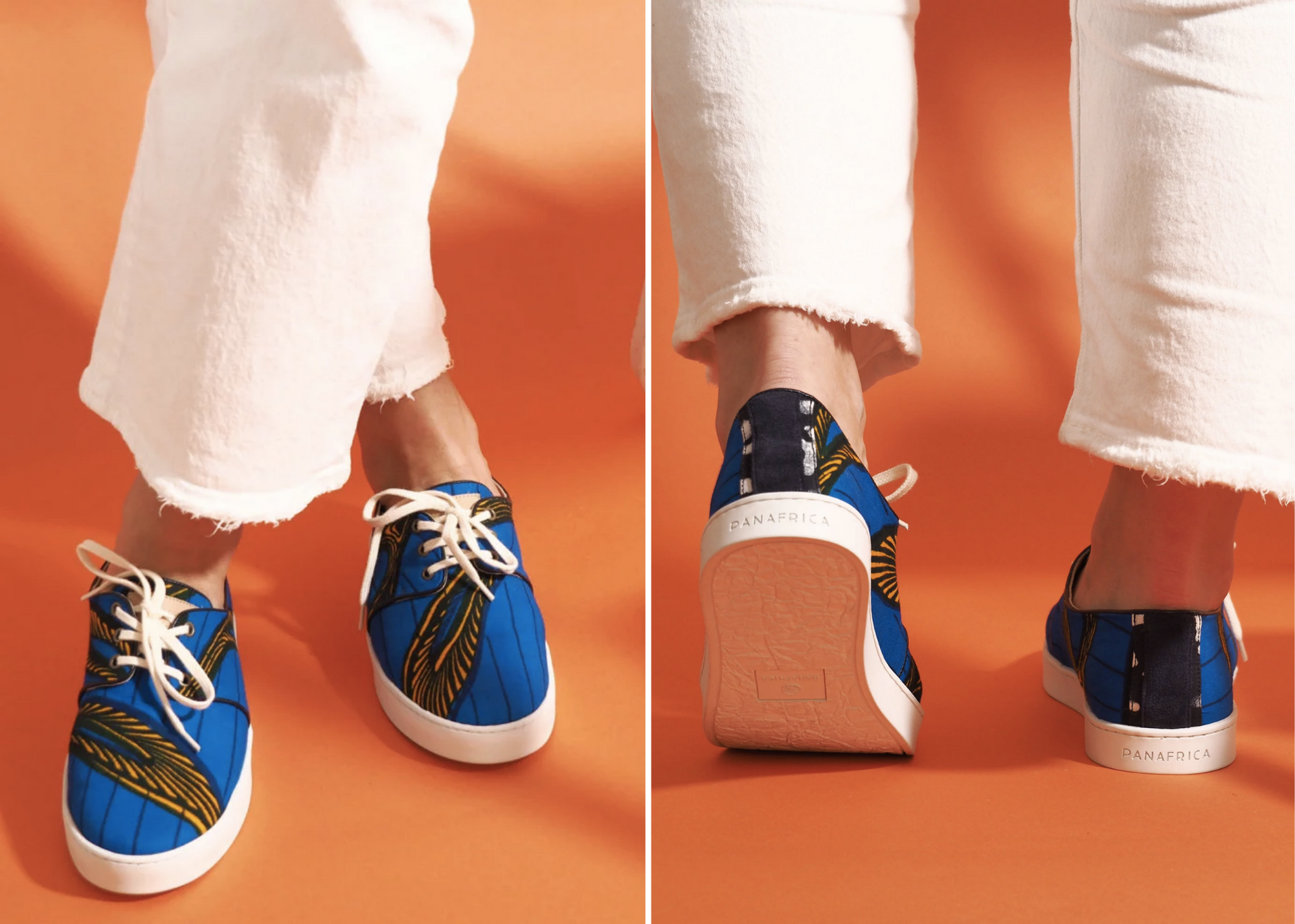 Blue patterned lace-up sneakers shown from the front and back, worn with white cropped pants.