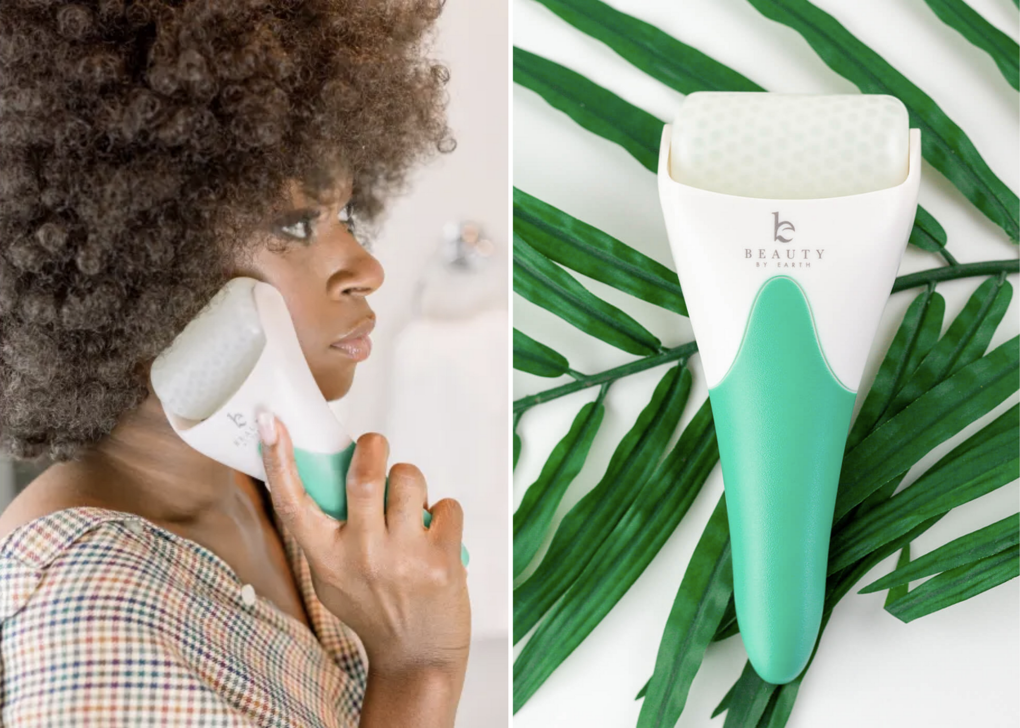 Person using a white and mint-green facial roller, shown beside the device arranged on green leaves.