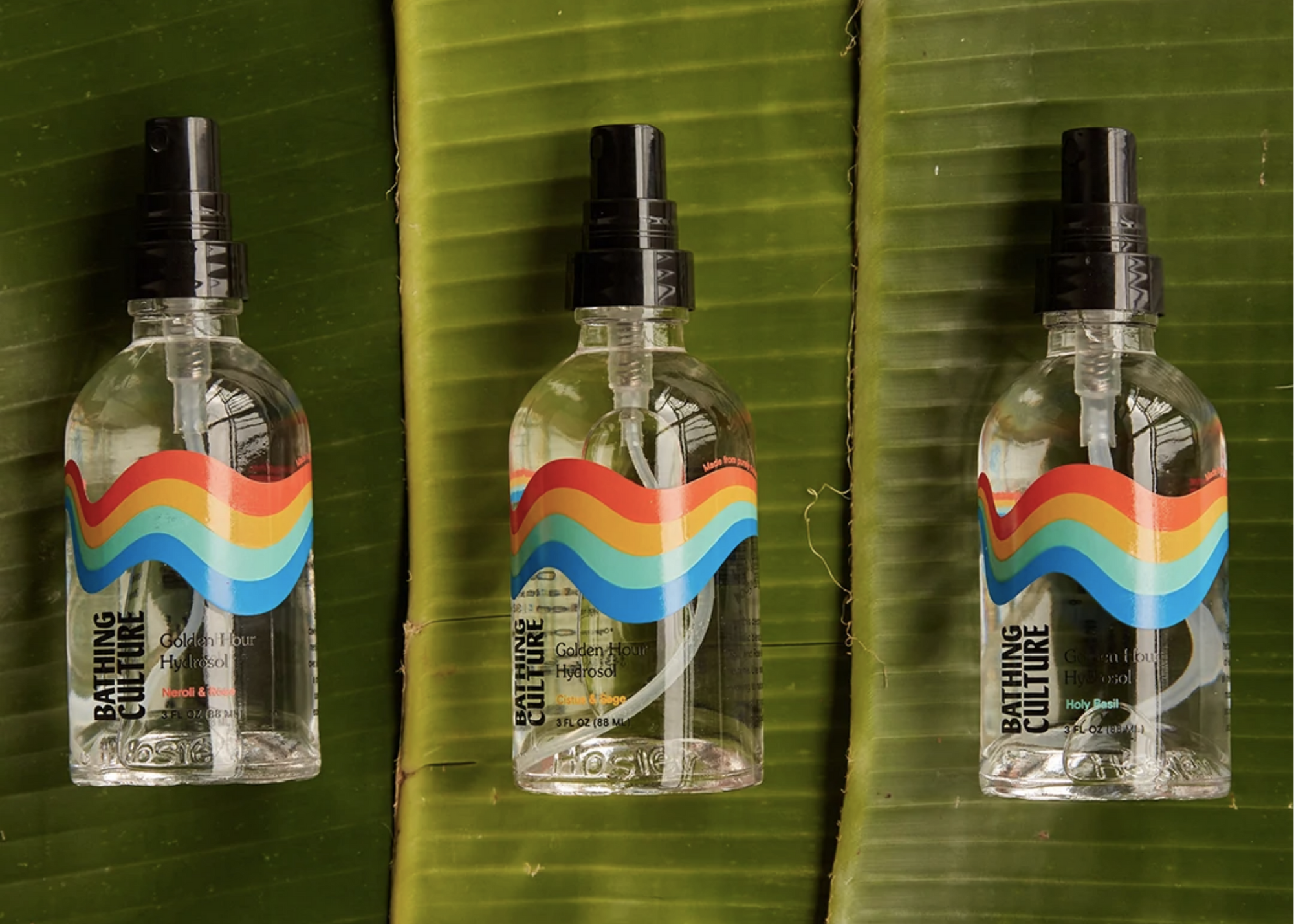 Three clear pump bottles arranged on large green leaves.