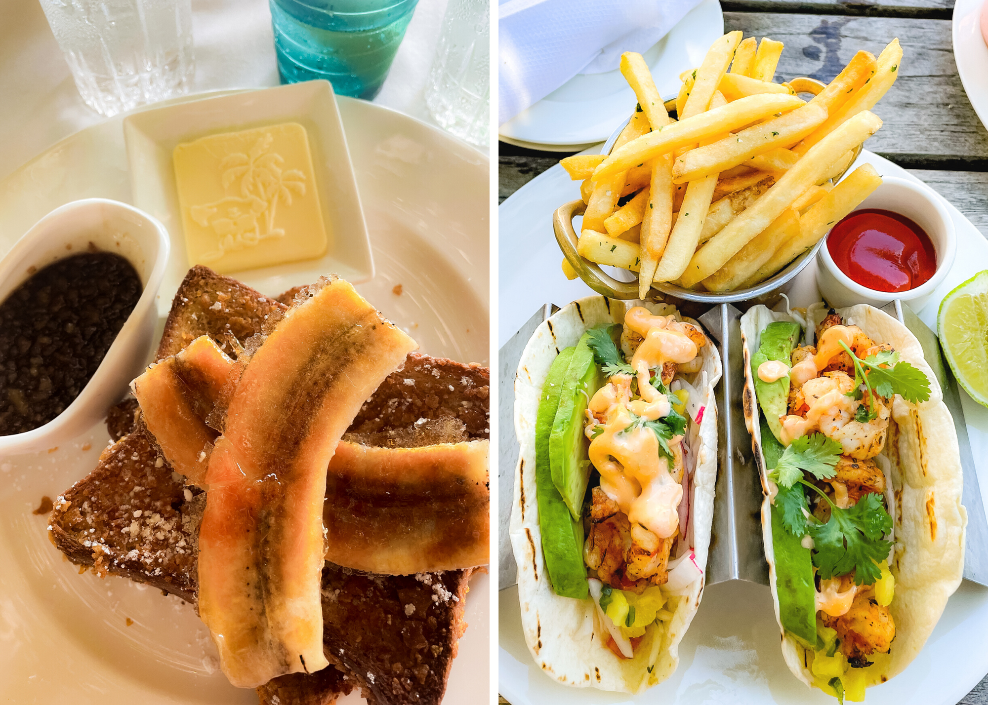 Split food image showing toast with banana slices and a separate plate of shrimp tacos with fries and ketchup.