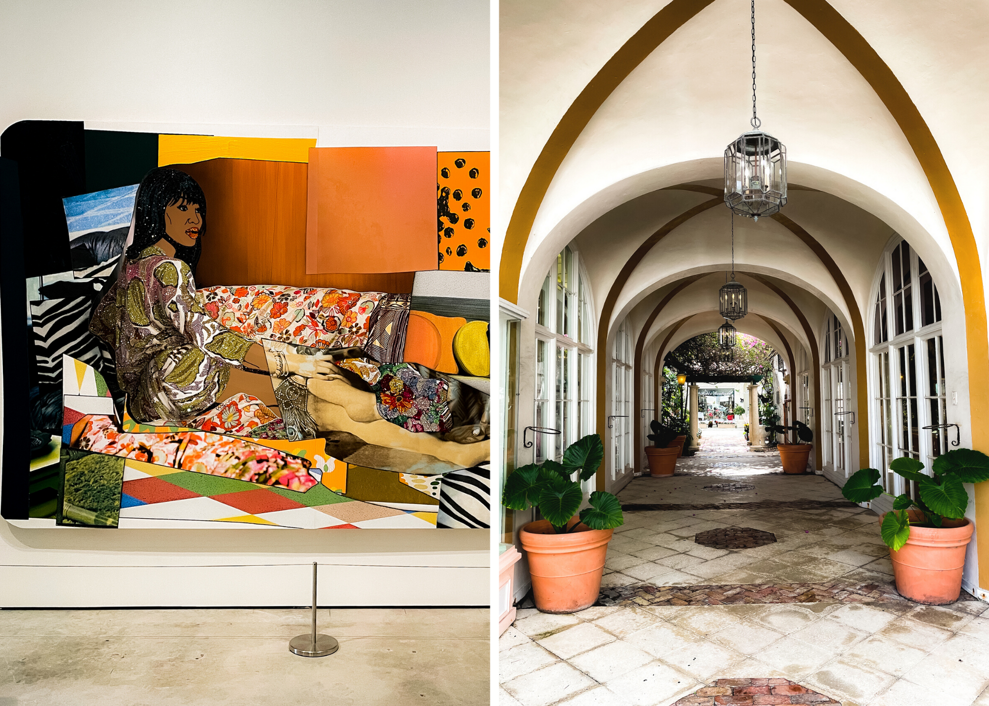 Split image of a colorful painting of seated figures beside a plant-lined arched corridor.