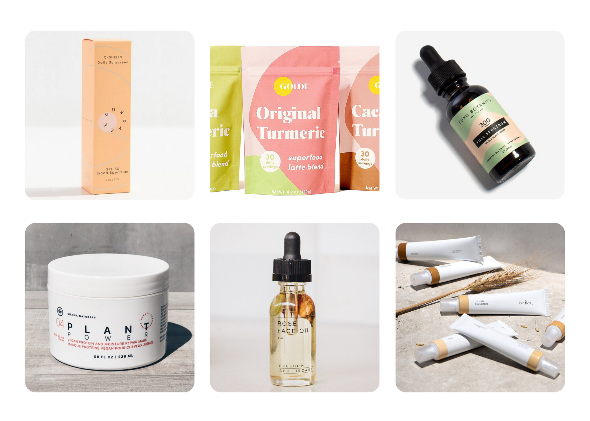 Collage of packaged wellness and personal-care products, including turmeric blend, botanical oils, and skincare products.