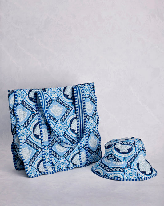 Tide & Tile - Scalloped Tote & Bucket Hat Bundle - Seashell Blue - Printfresh