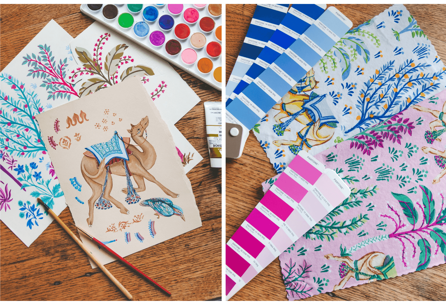 Collage of painted botanical and camel artwork with patterned textile samples, paint palettes, and color swatches.