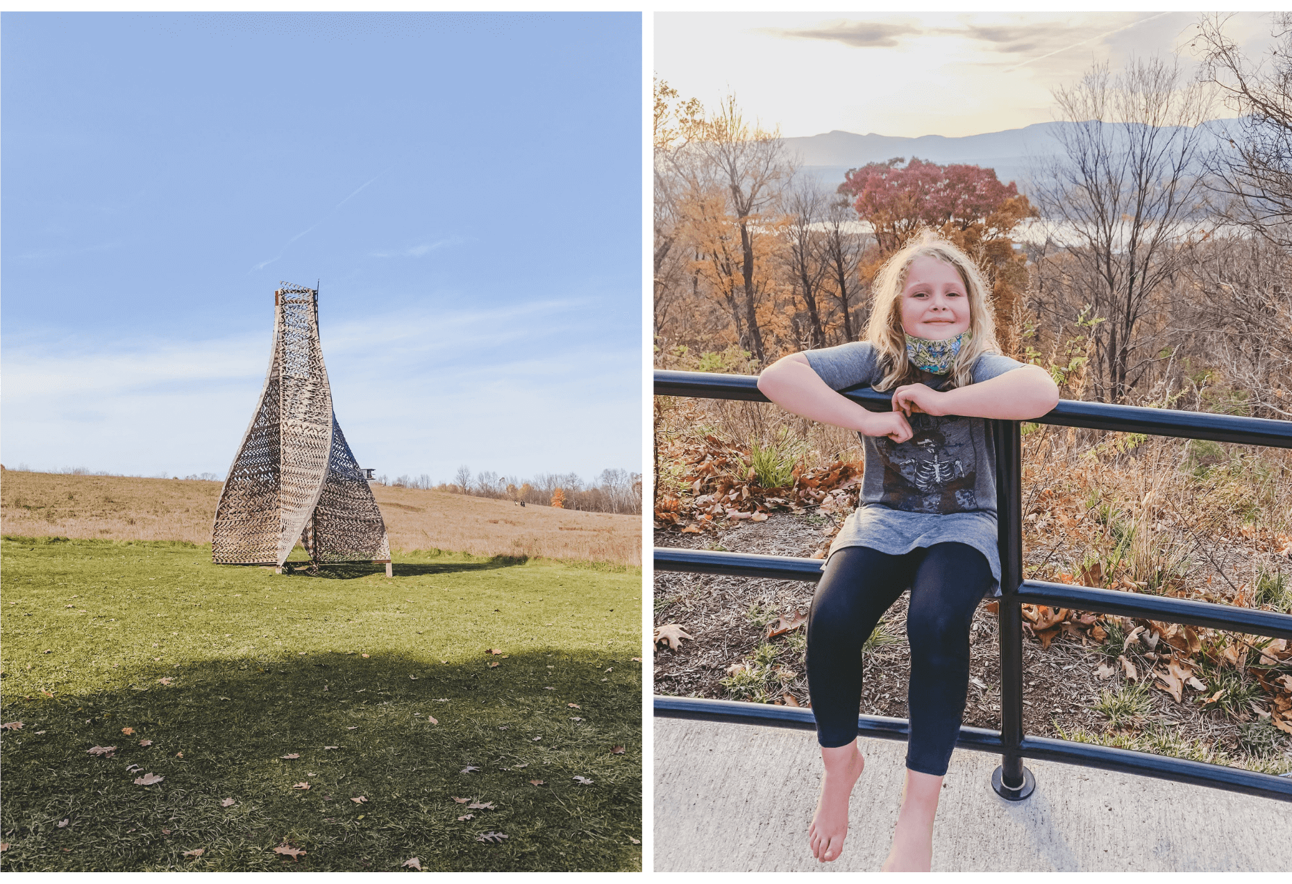 Collage showing a woven structure in a field and a child seated on a railing overlooking a lake and hills