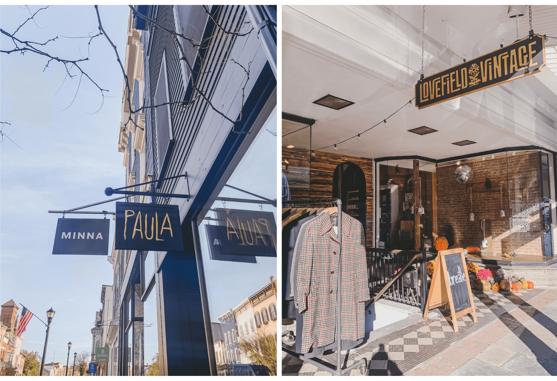 Collage showing storefront signs reading “MINNA” and “PAULA,” alongside a vintage clothing shop entrance