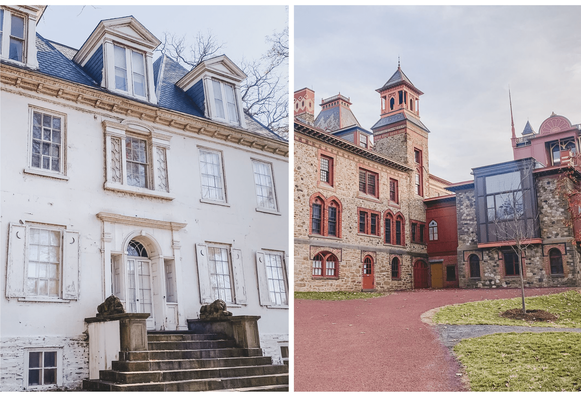 Collage of historic buildings, including a white house and a stone building with towers and red-trimmed windows