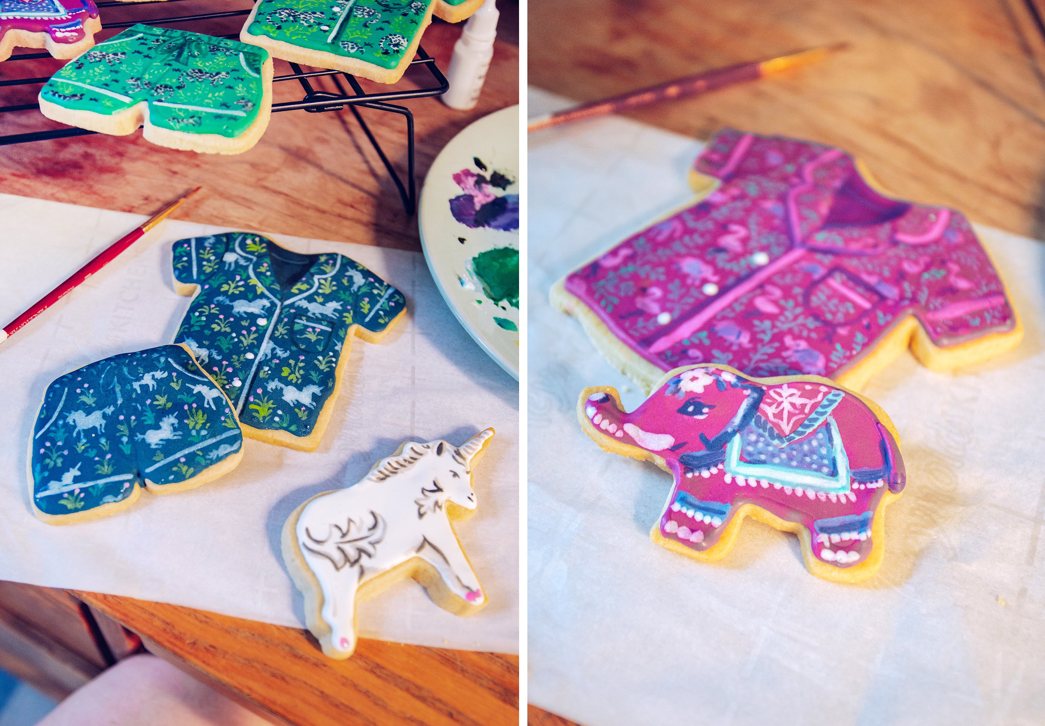 Collage of decorated cookies shaped like clothing, an elephant, and a unicorn.
