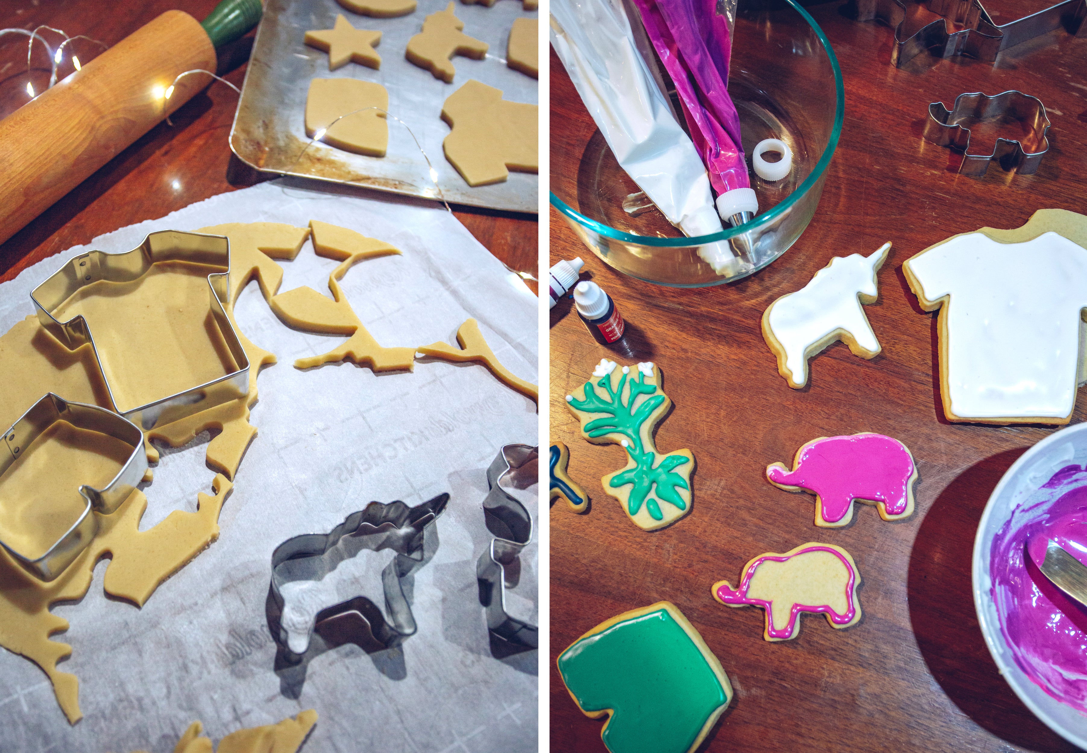Collage showing unbaked cookie shapes, cookie cutters, icing tools, and partially decorated animal and clothing cookies.