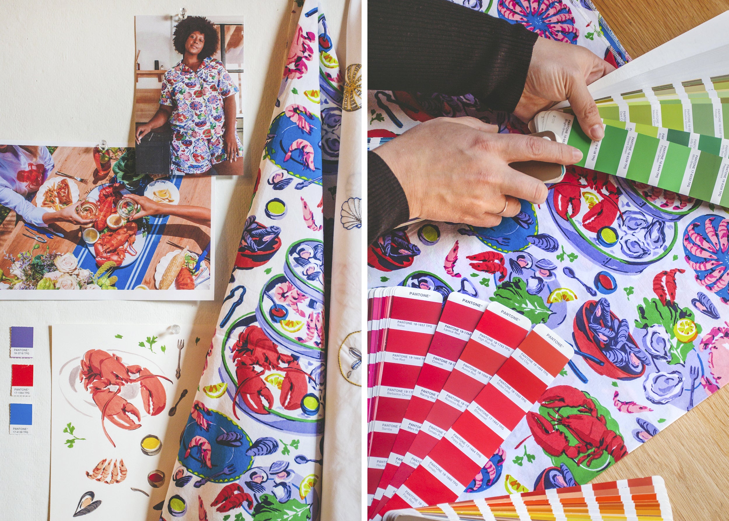 Collage of seafood-themed textile designs, reference images, artwork, and color swatches.