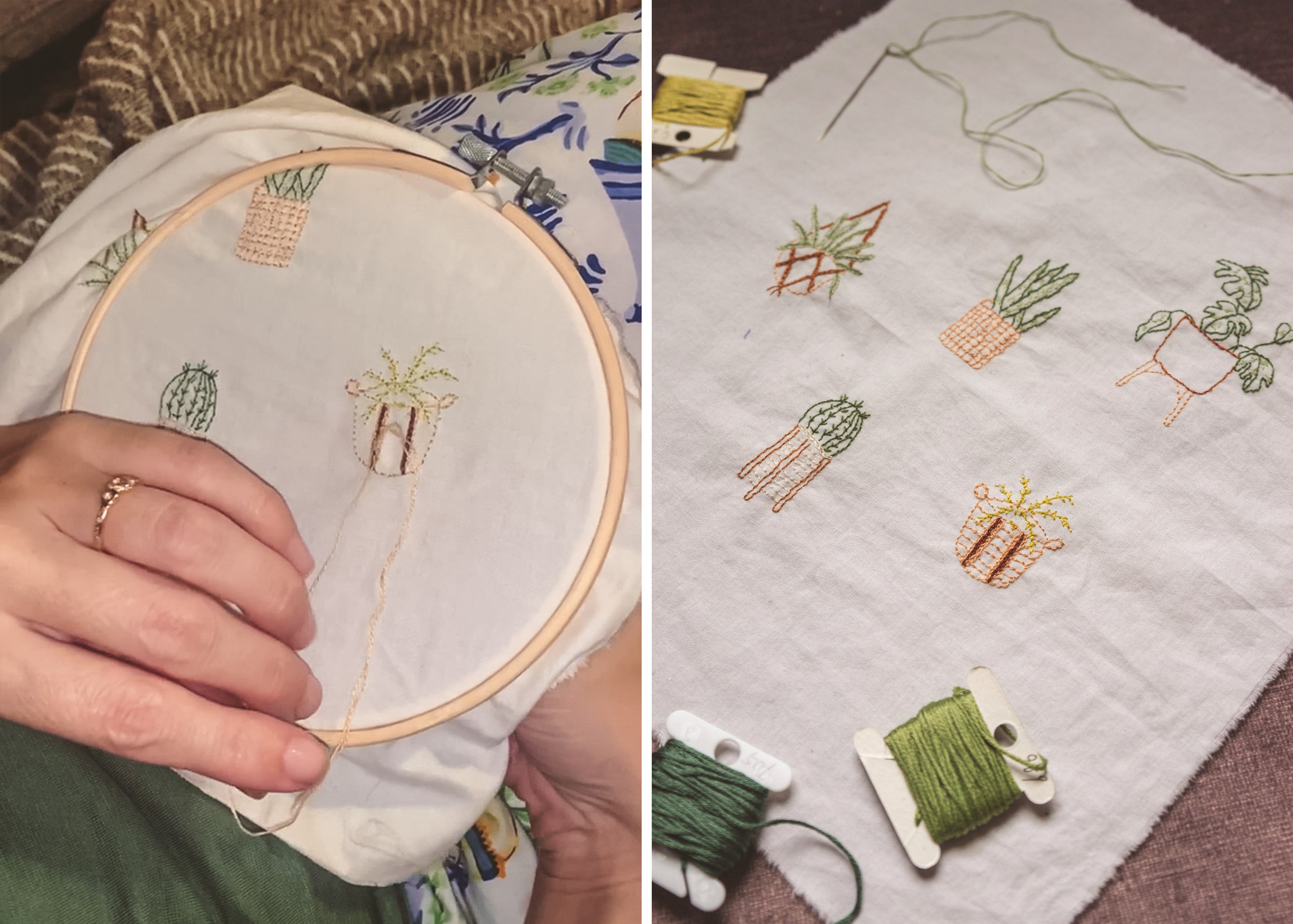 Split view showing houseplant motifs being embroidered in a hoop and completed embroidered plant designs with threads.