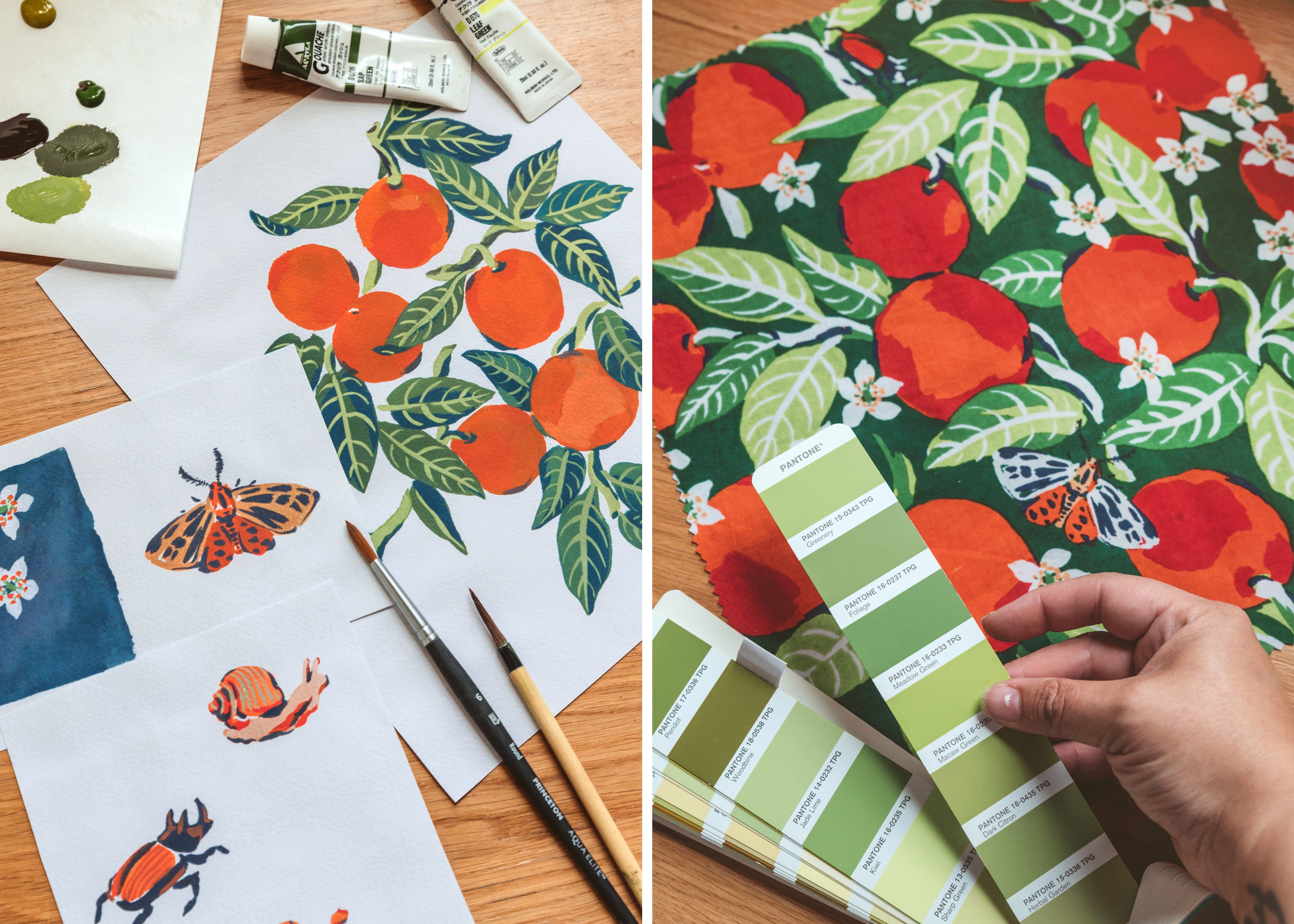 Painted orange-fruit and insect motifs beside matching botanical fabric and color swatches.