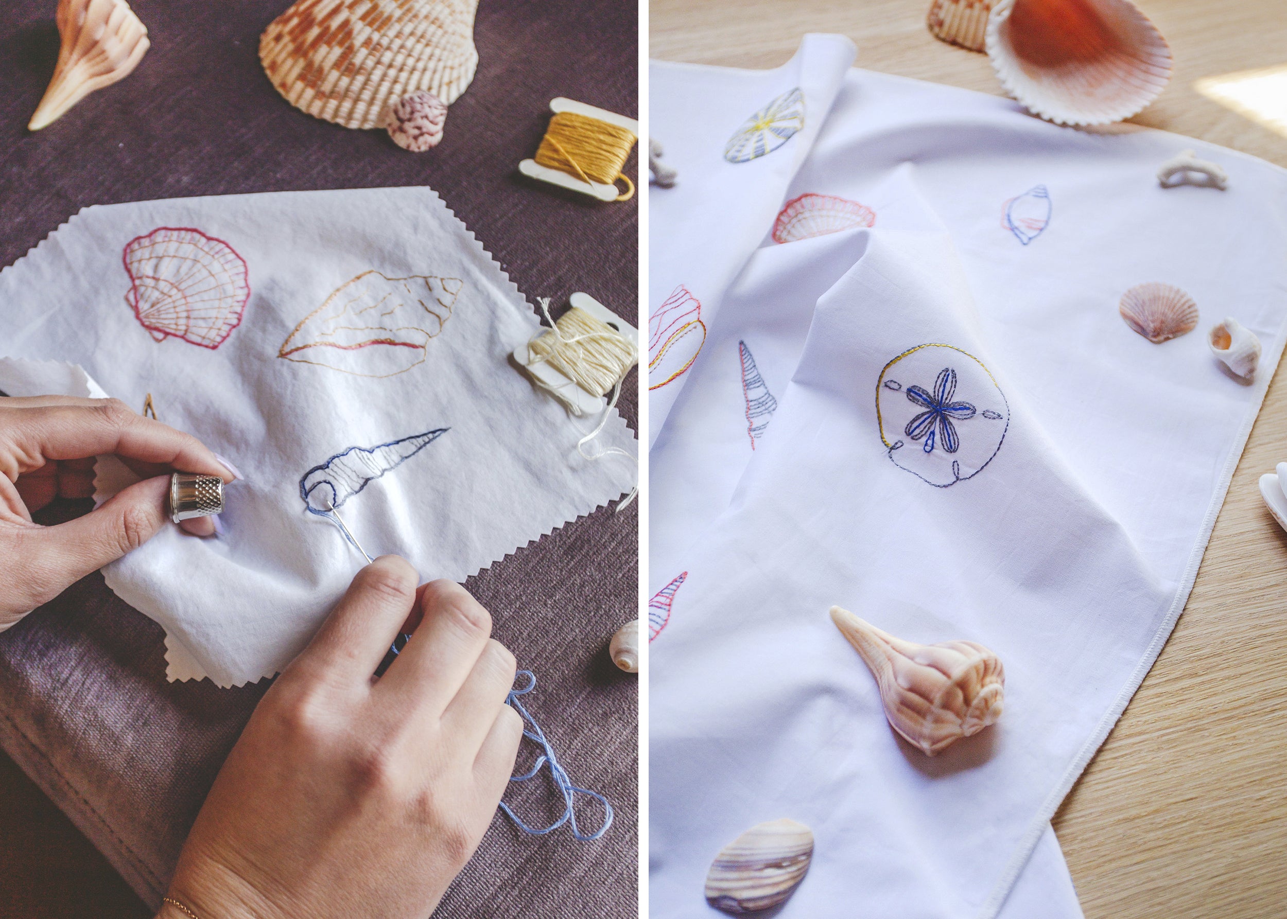 Hands embroidering shell designs on fabric beside a finished textile decorated with seashell motifs.