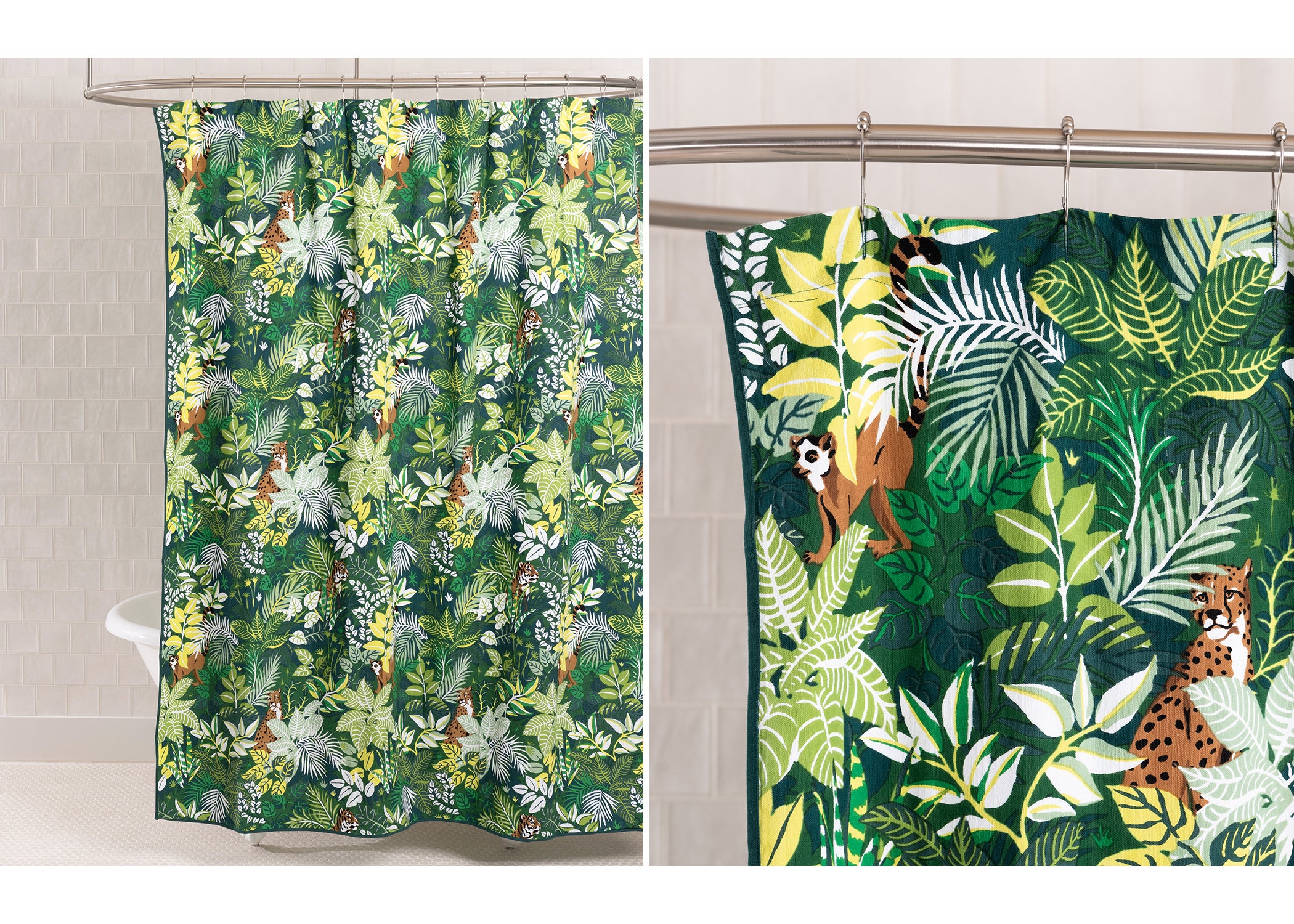 Green jungle-patterned shower curtain shown hanging and in close-up, with illustrated monkeys and spotted cats.