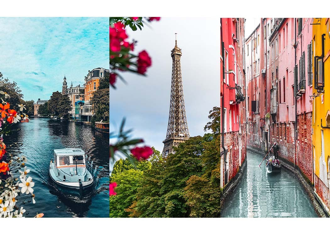 Three travel scenes: a boat on a tree-lined canal, the Eiffel Tower, and a narrow canal between colorful buildings.