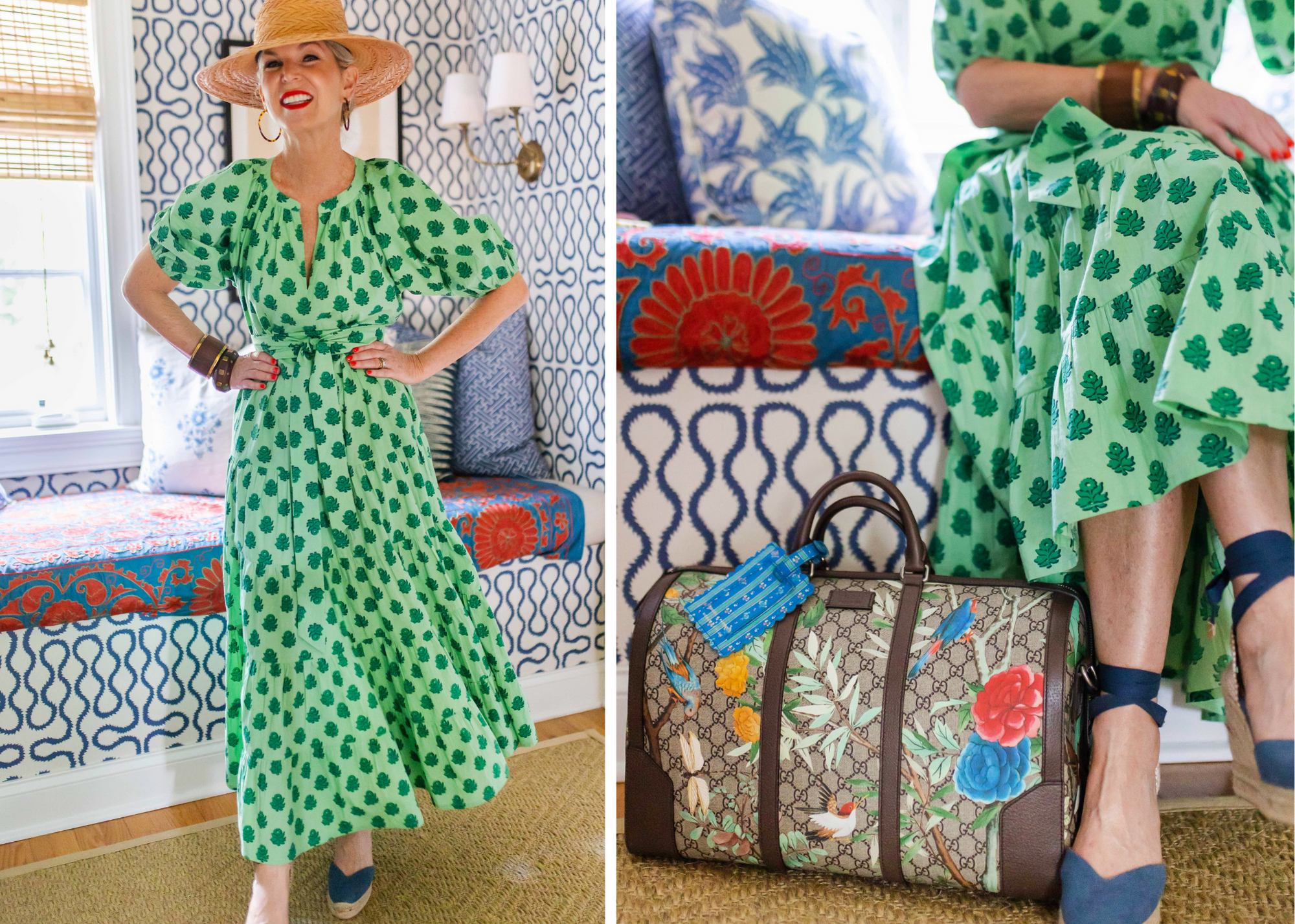 Full-length and close-up views of a green patterned dress with a floral handbag.