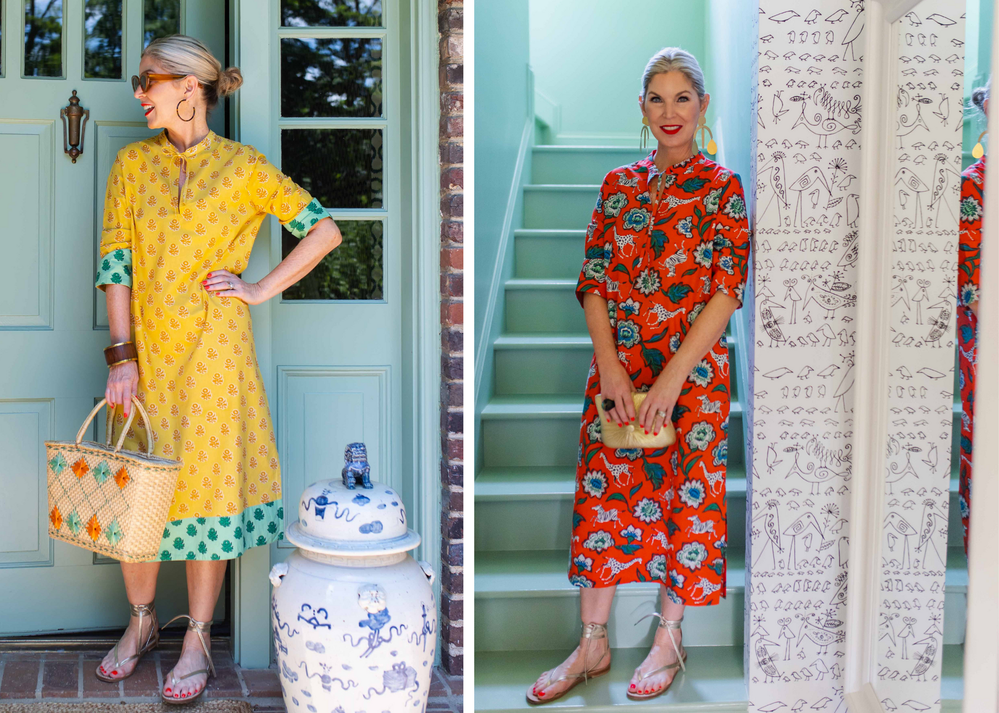 Two views of a person wearing yellow and orange patterned dresses.