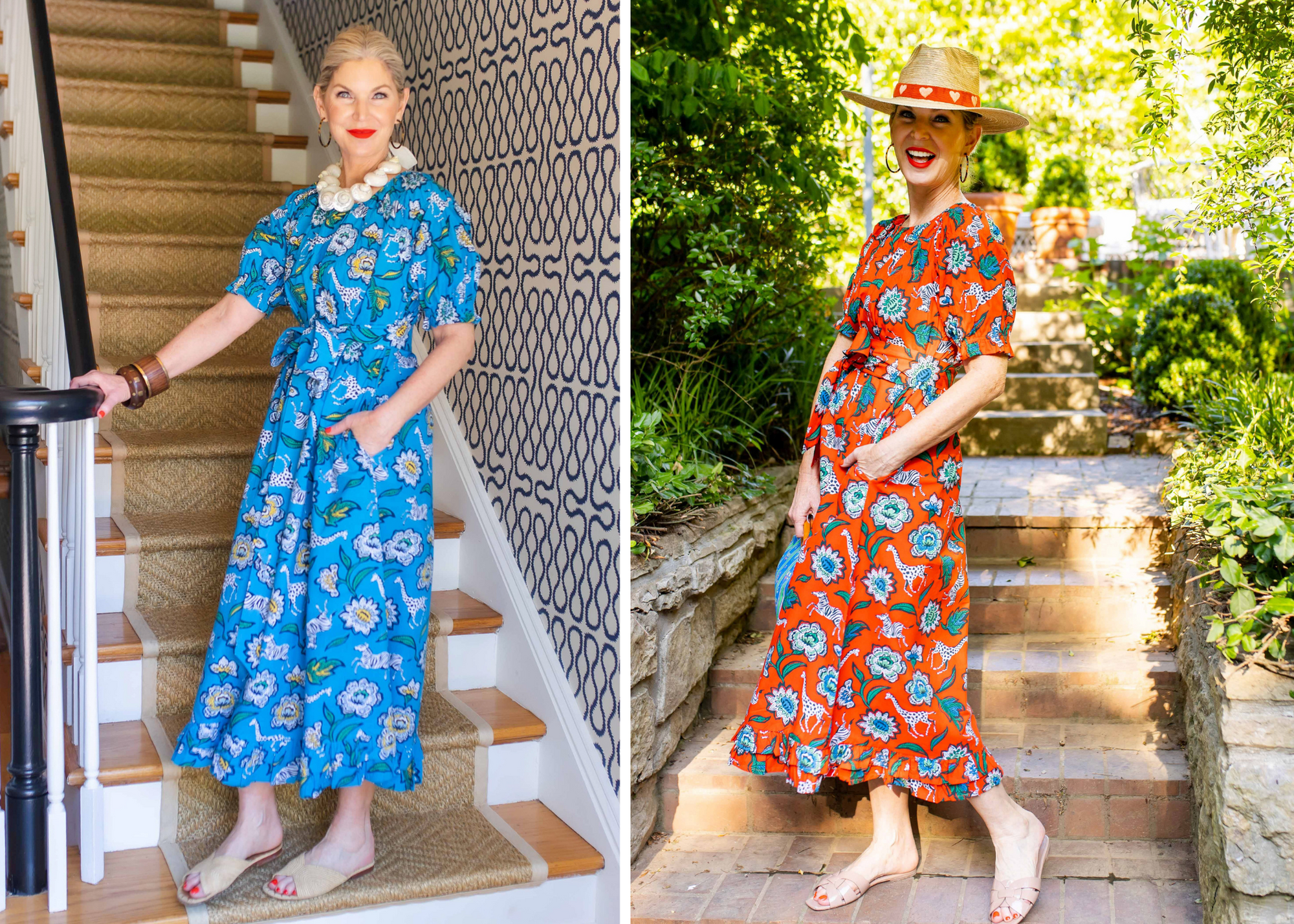 Person modeling blue and orange patterned dresses side by side.