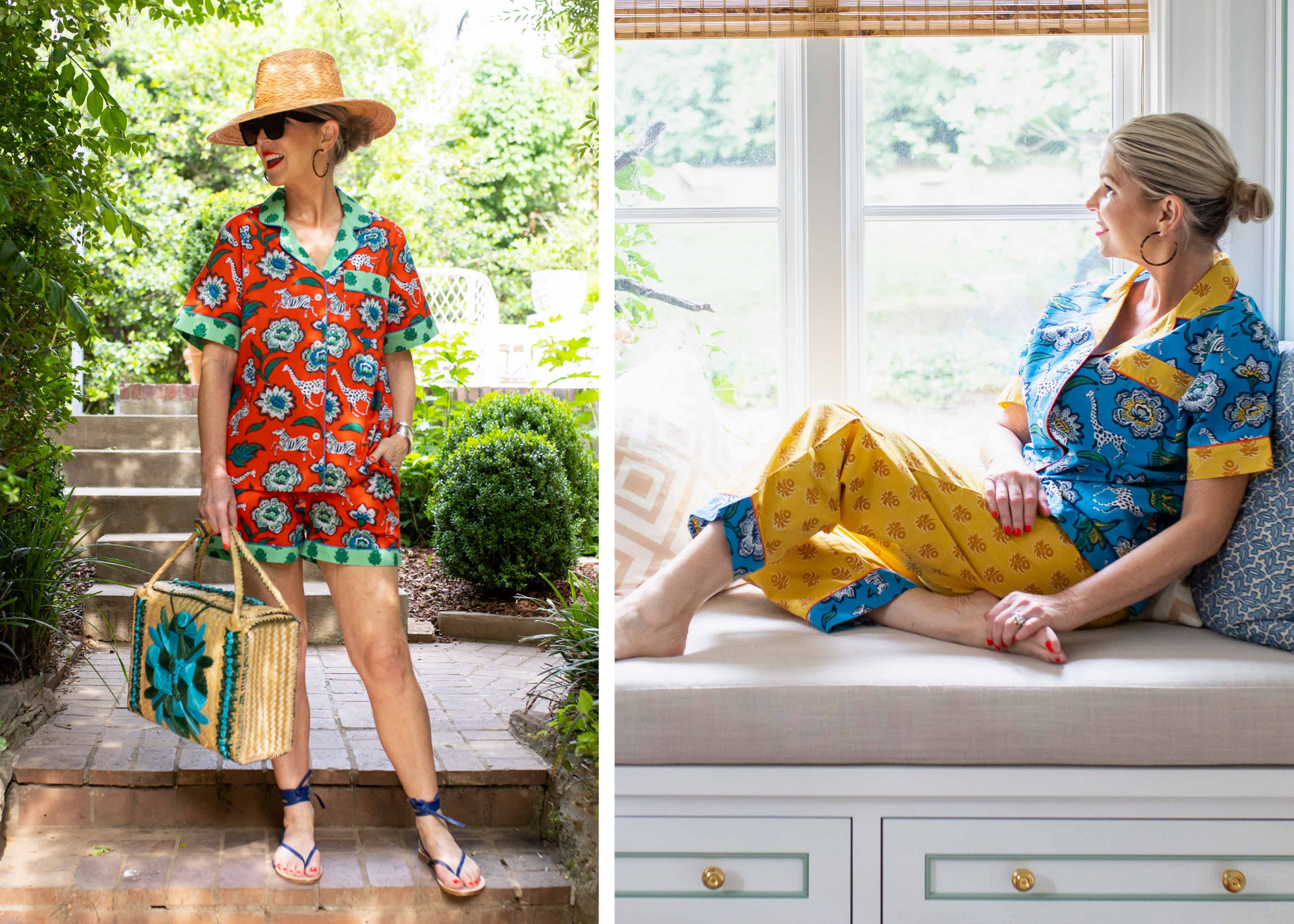 Two fashion views: an orange patterned romper outdoors and blue-and-yellow patterned clothing indoors.