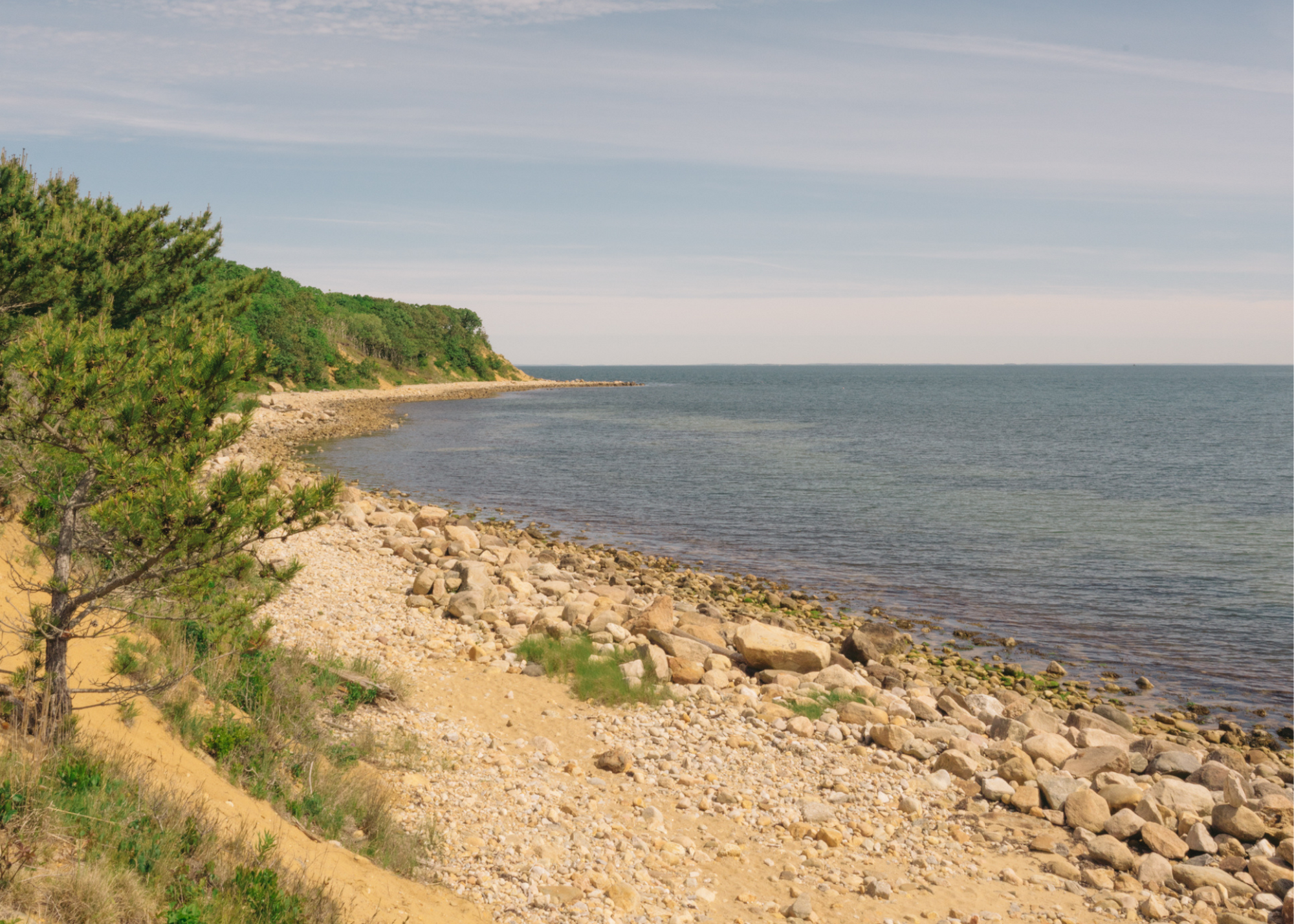 Rocky shoreline beside calm water, with sandy dunes and green vegetation.
